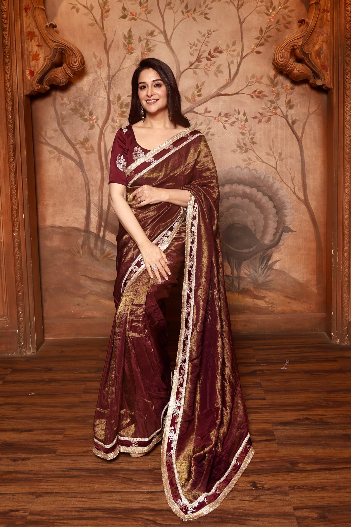 Shahi Shimmer Saree Maroon With Blouse Piece