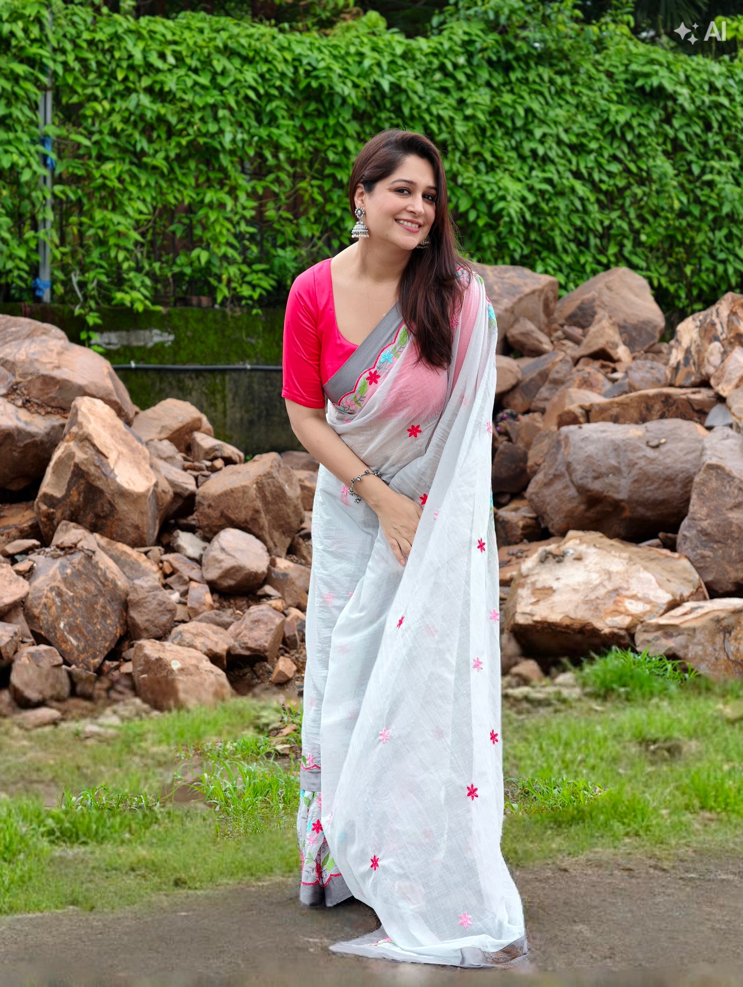 Blush Blossom Saree – Grey with blouse piece