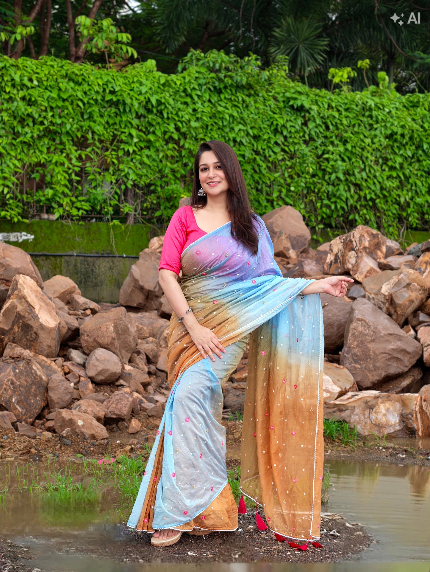 Gulrang Breeze Saree - Blue Brown with blouse piece