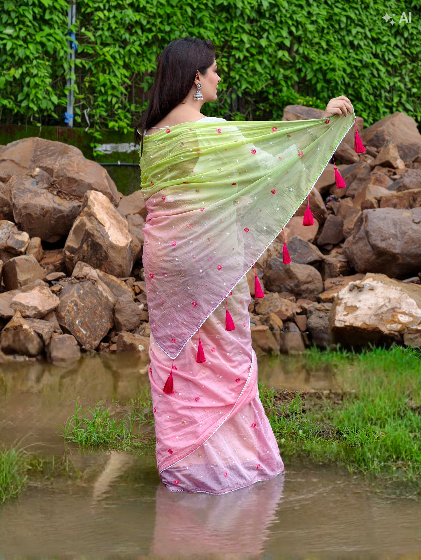 Gulrang Breeze Saree - Pink & Green with blouse piece
