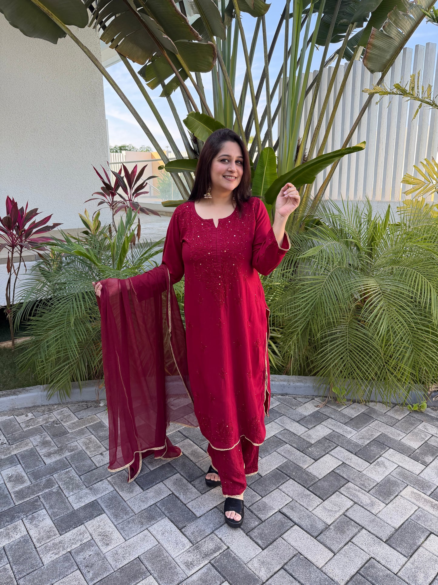 Maroon Lucknowi Kurta Set With Mukaish