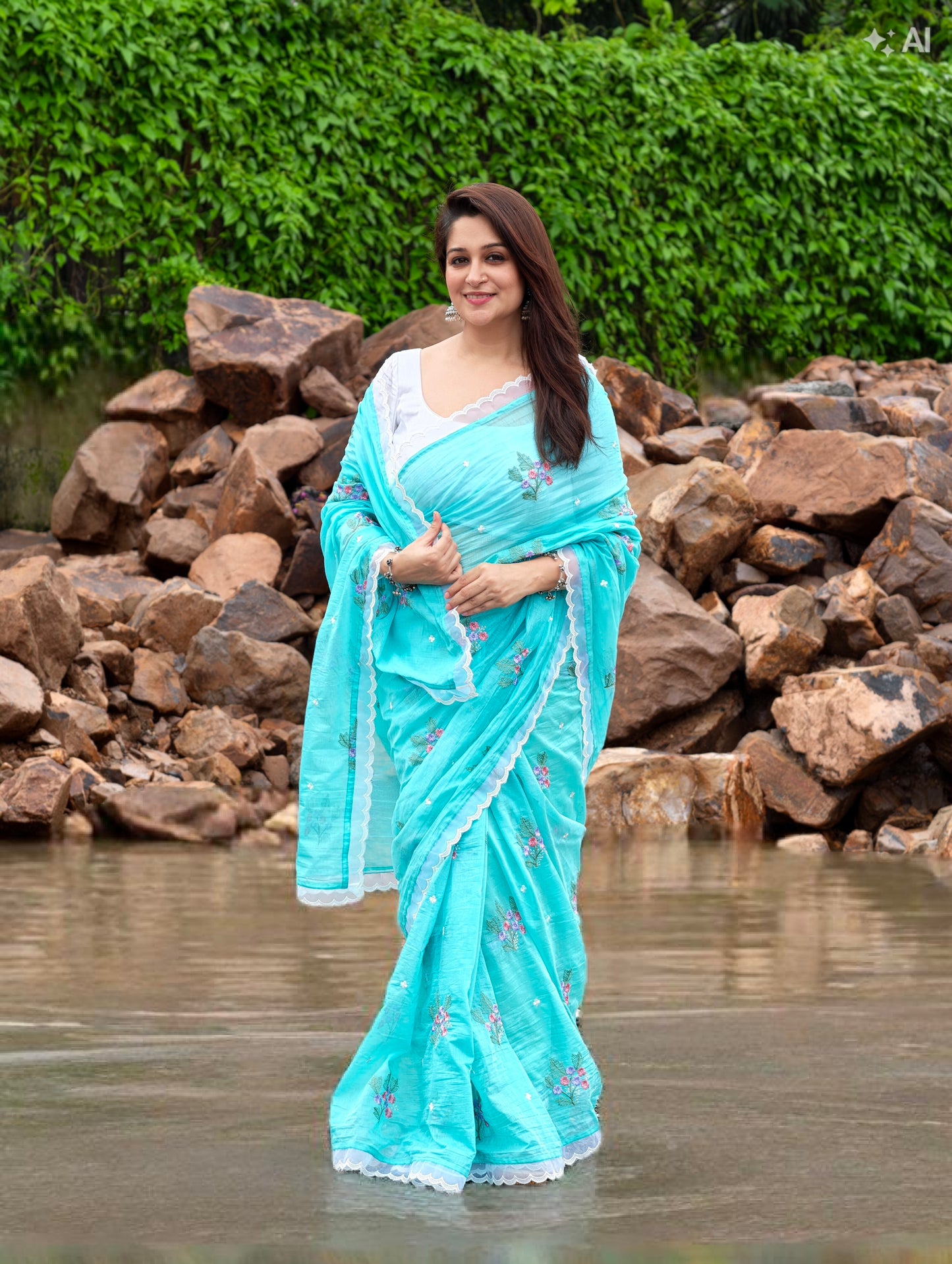 Aqua Blossom Saree with blouse piece
