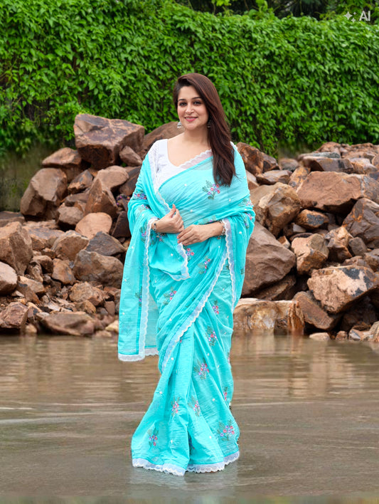 Aqua Blossom Saree with blouse piece