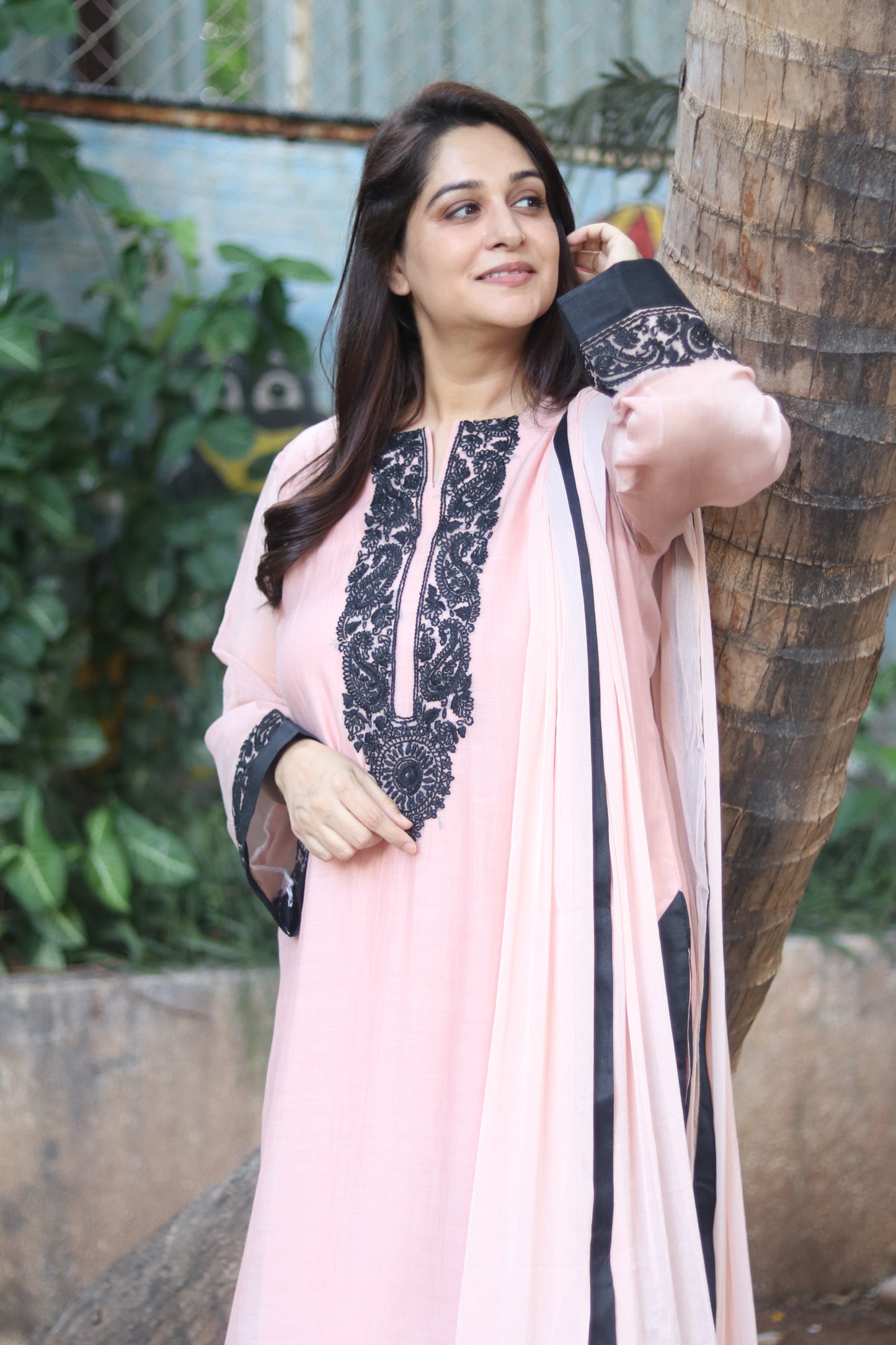Kantha Elegance Long Kurta Set - Light Peach
