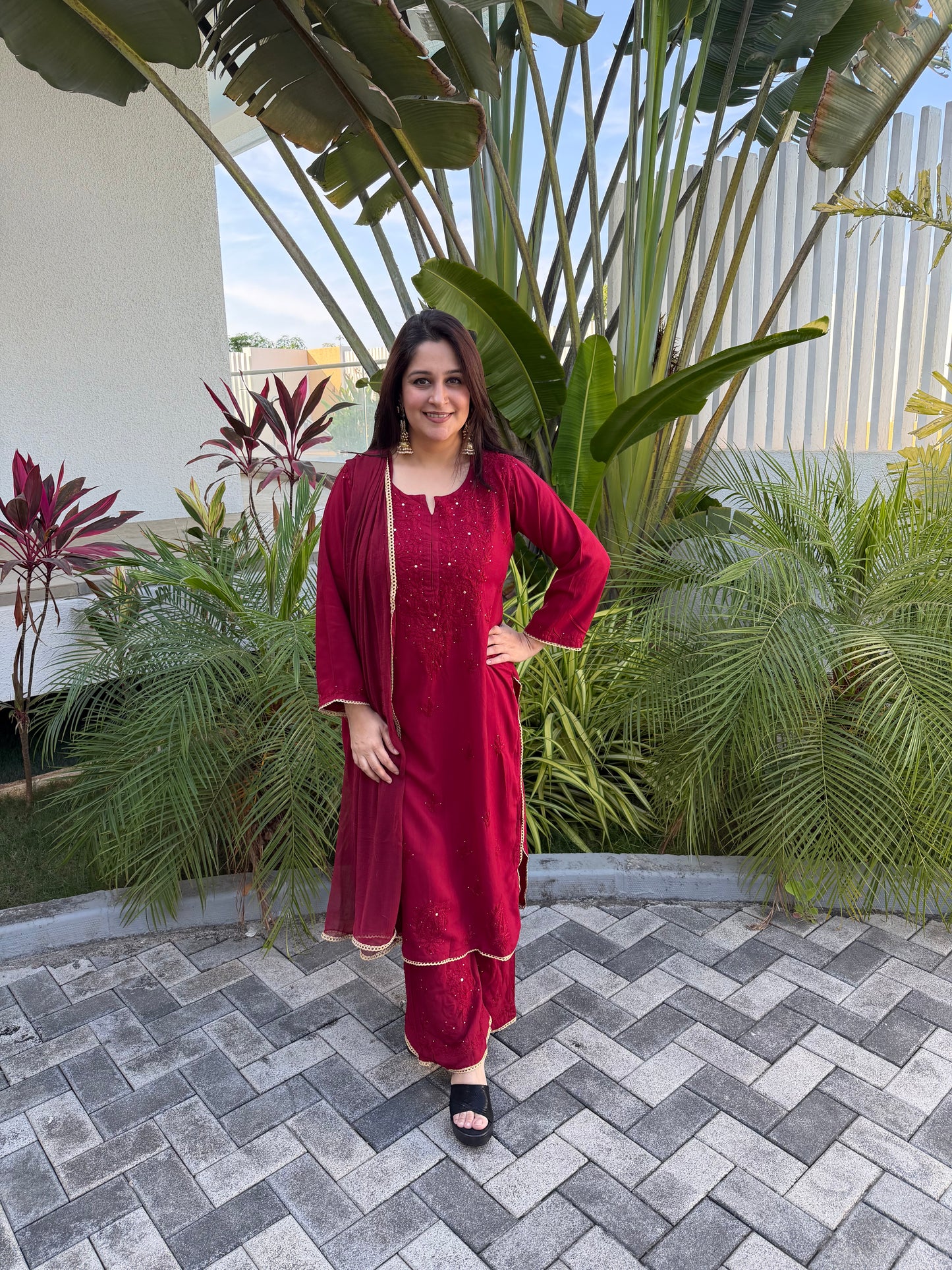 Maroon Lucknowi Kurta Set With Mukaish