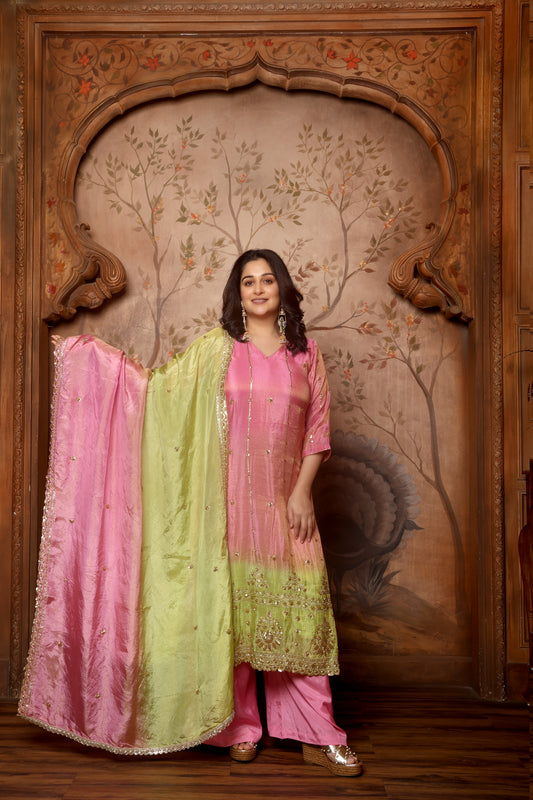 Rang-leher Kurta Set - Pink
