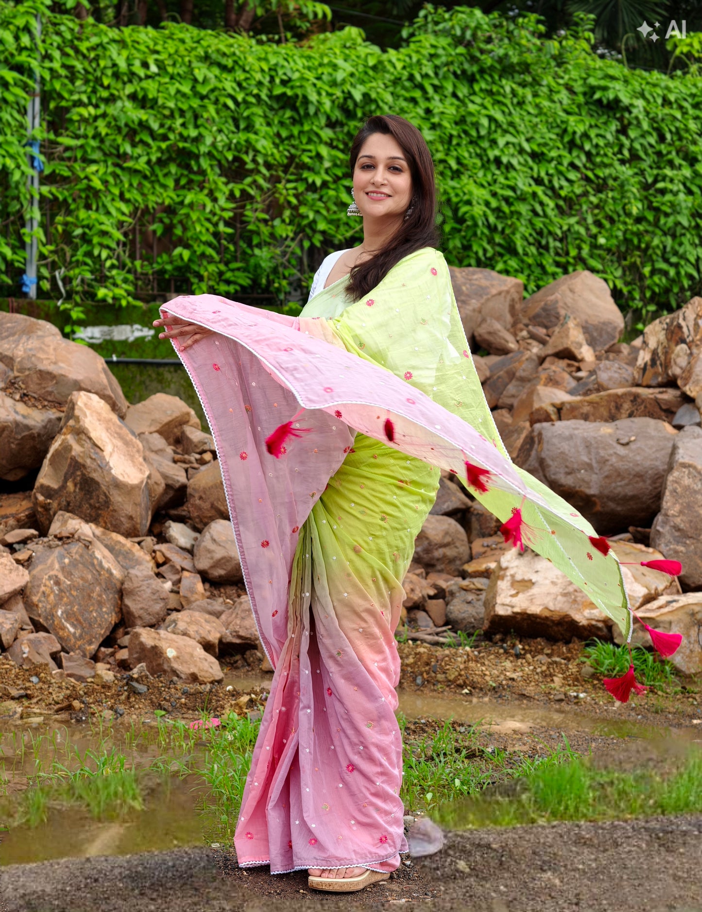 Gulrang Breeze Saree - Pink & Green with blouse piece
