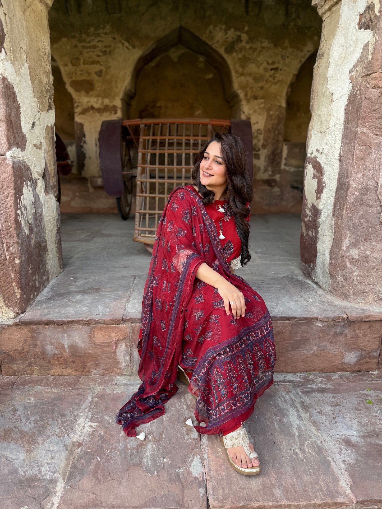 Ajrakh-Print Kurta Set Maroon Red