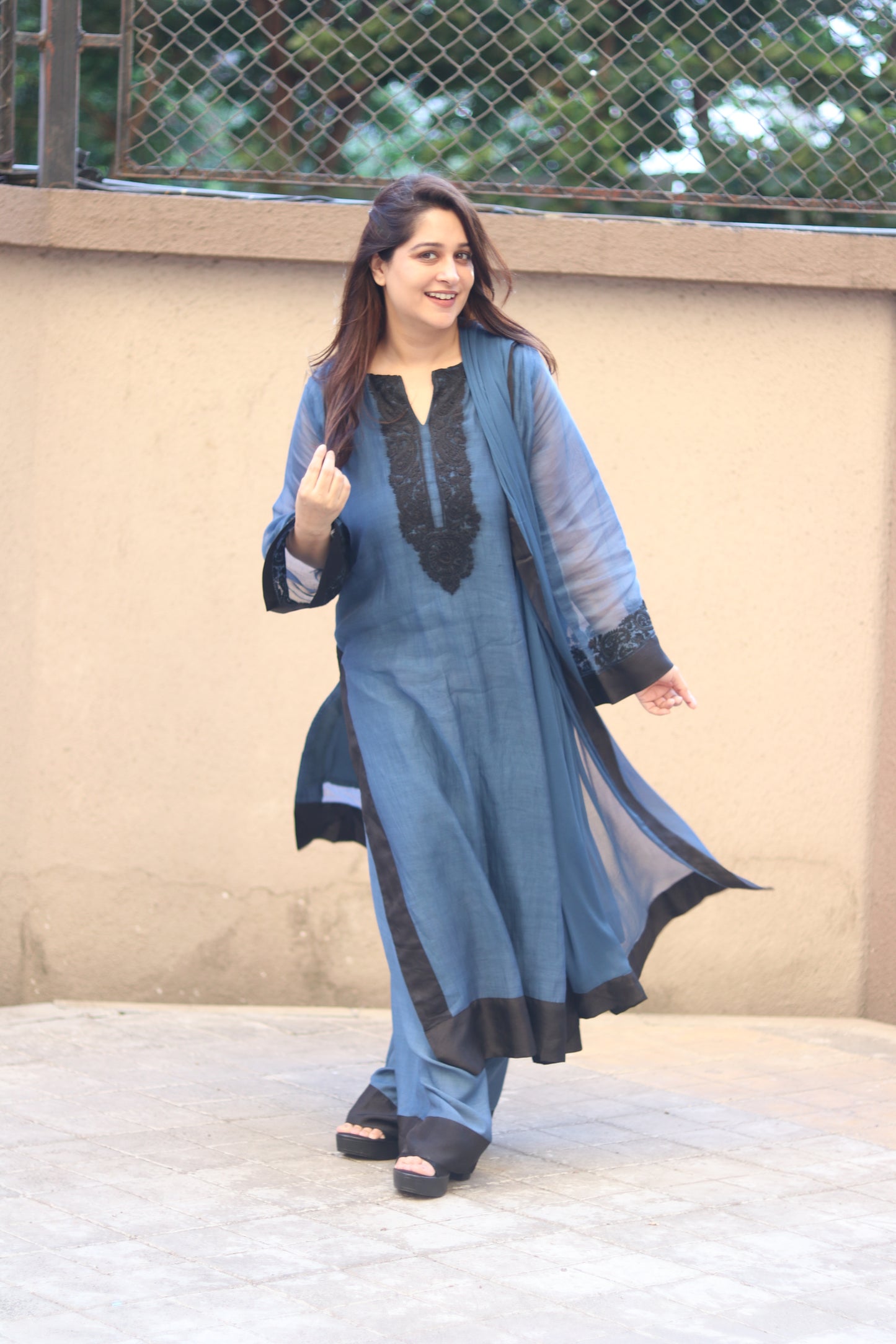 Kantha Elegance Long Kurta Set - Dark Blue