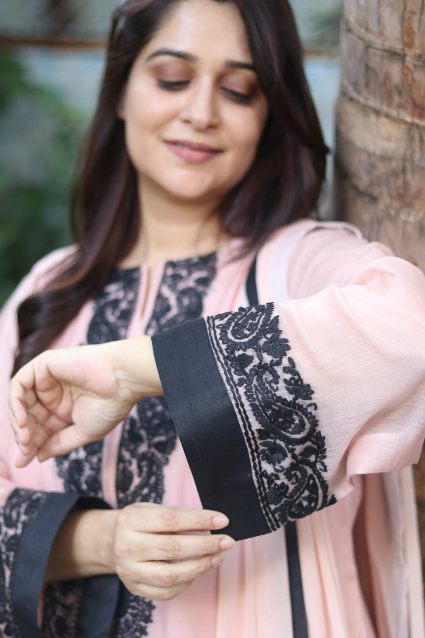 Kantha Elegance Long Kurta Set - Light Peach