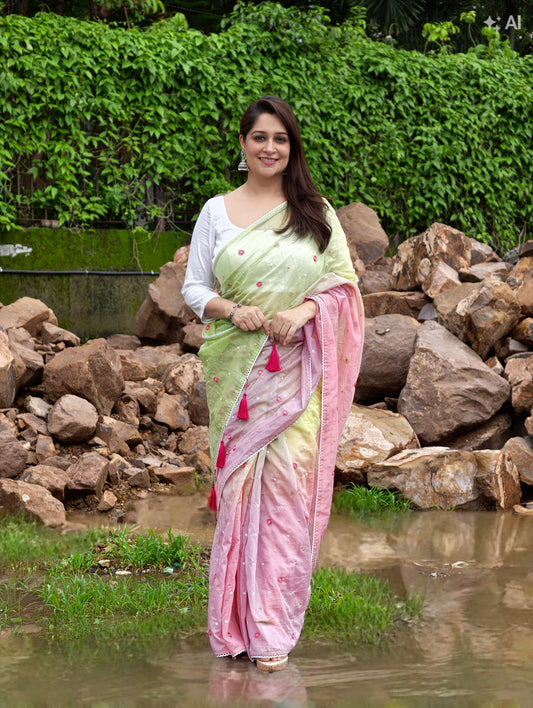 Gulrang Breeze Saree - Pink & Green with blouse piece