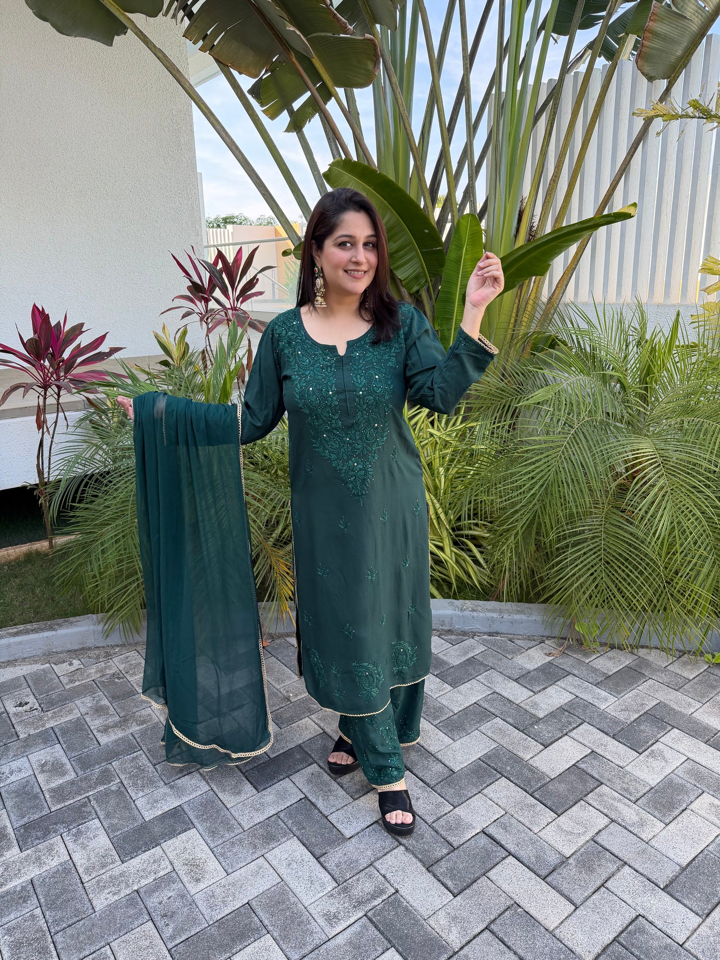 Green Lucknowi Kurta Set with Mukaish Work