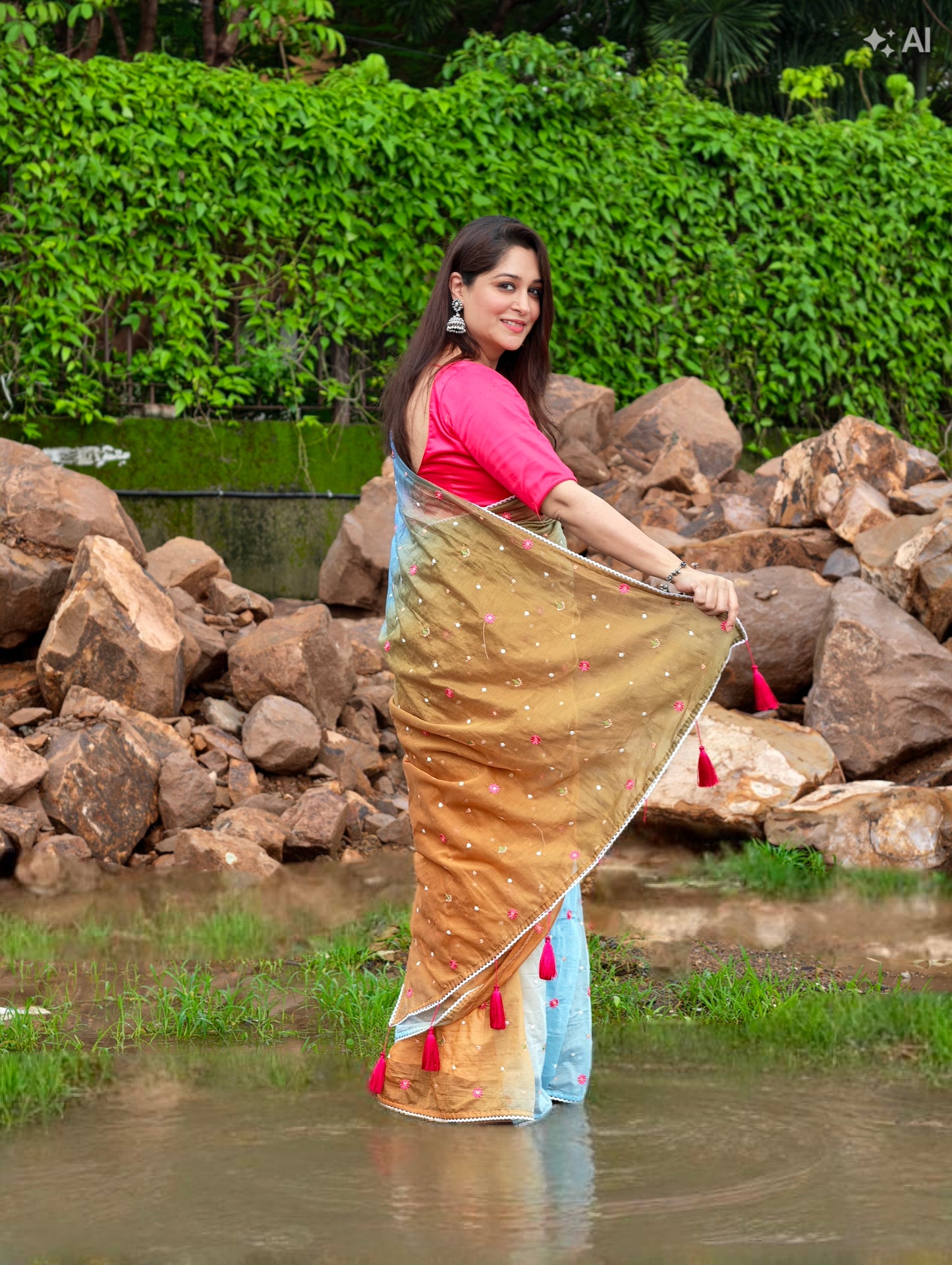 Gulrang Breeze Saree - Blue Brown with blouse piece