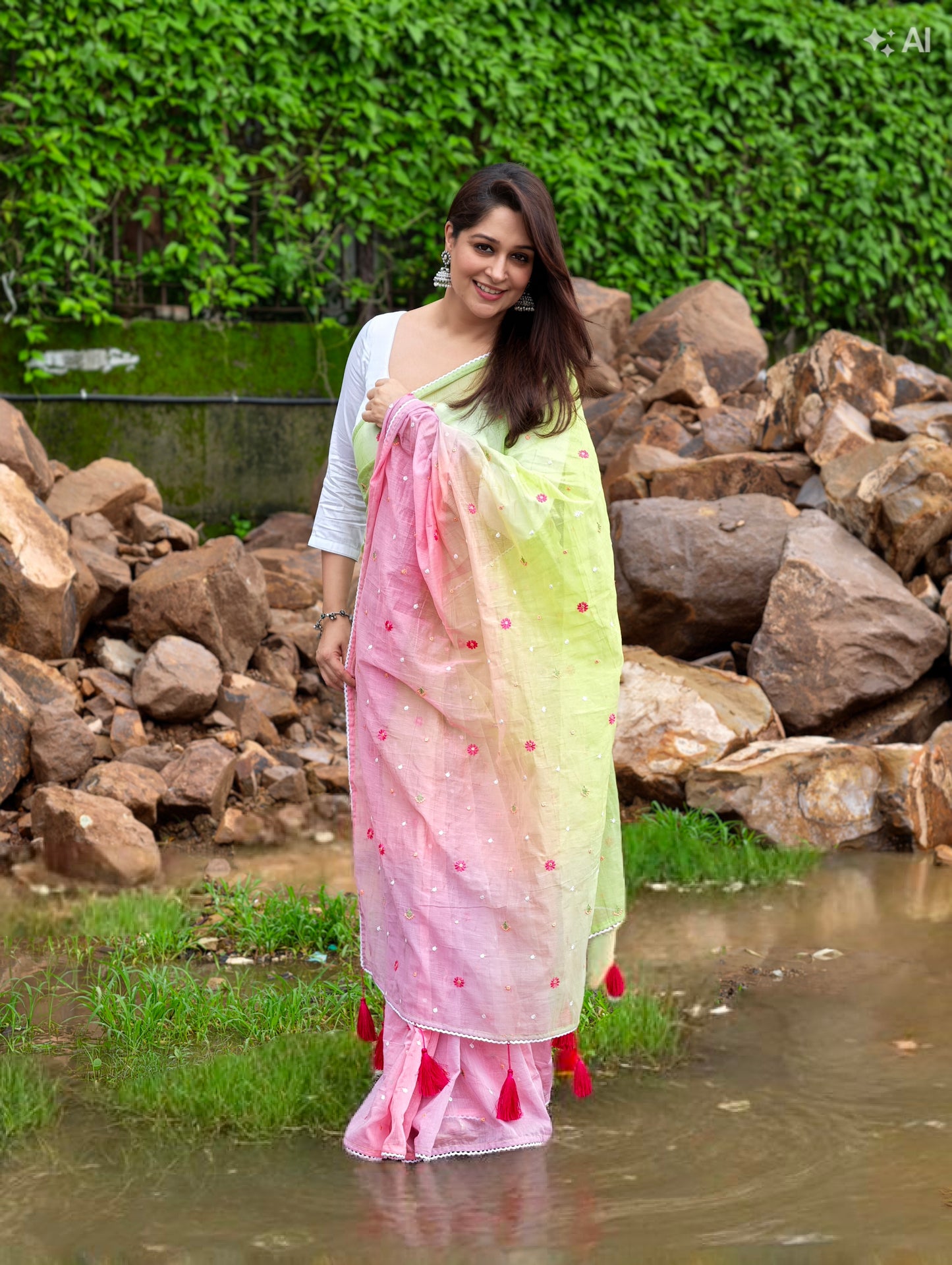 Gulrang Breeze Saree - Pink & Green with blouse piece