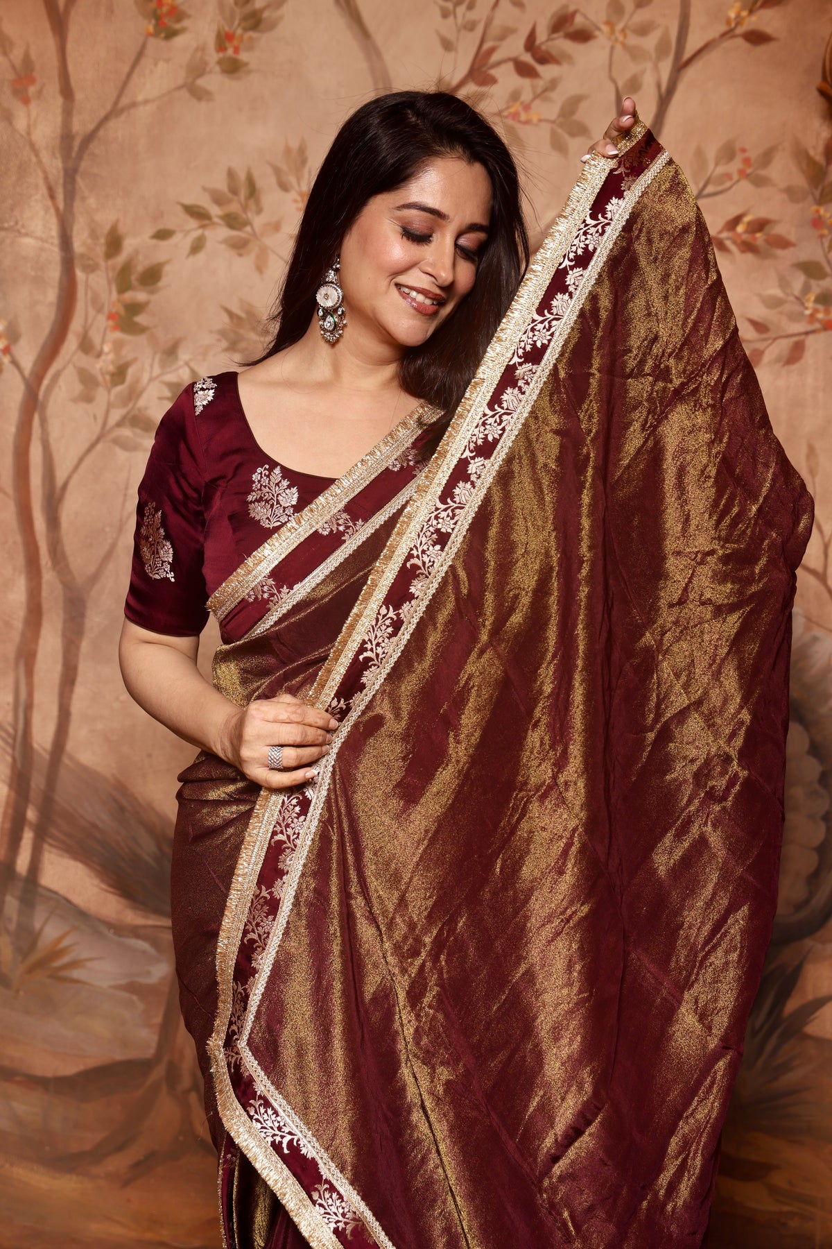 Shahi Shimmer Saree Maroon With Blouse Piece