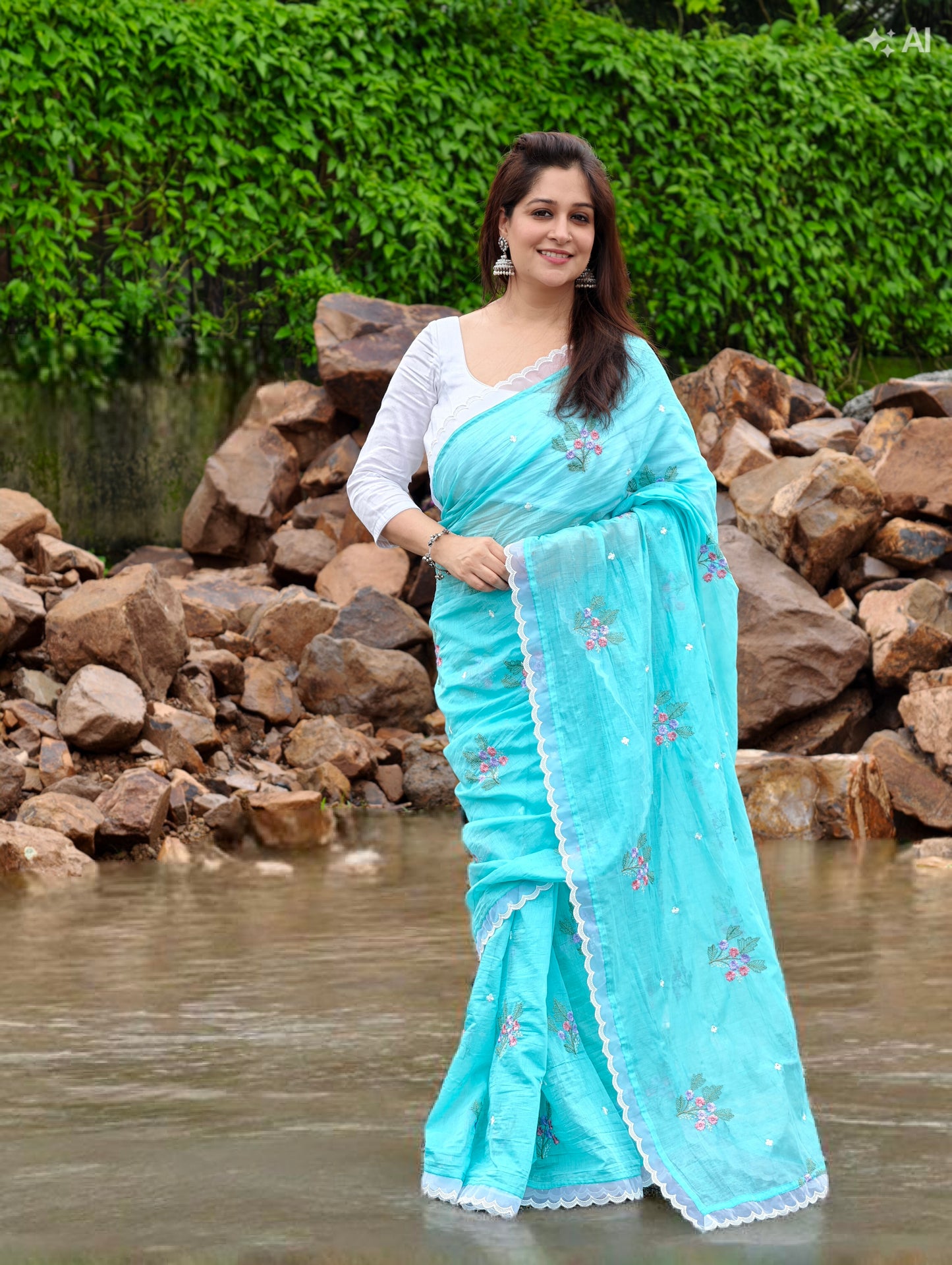 Aqua Blossom Saree with blouse piece
