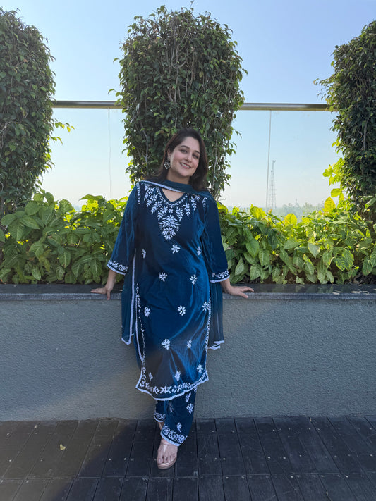 Makhmal lucknowi Kurta Set Teal