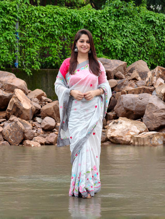 Blush Blossom Saree – Grey with blouse piece