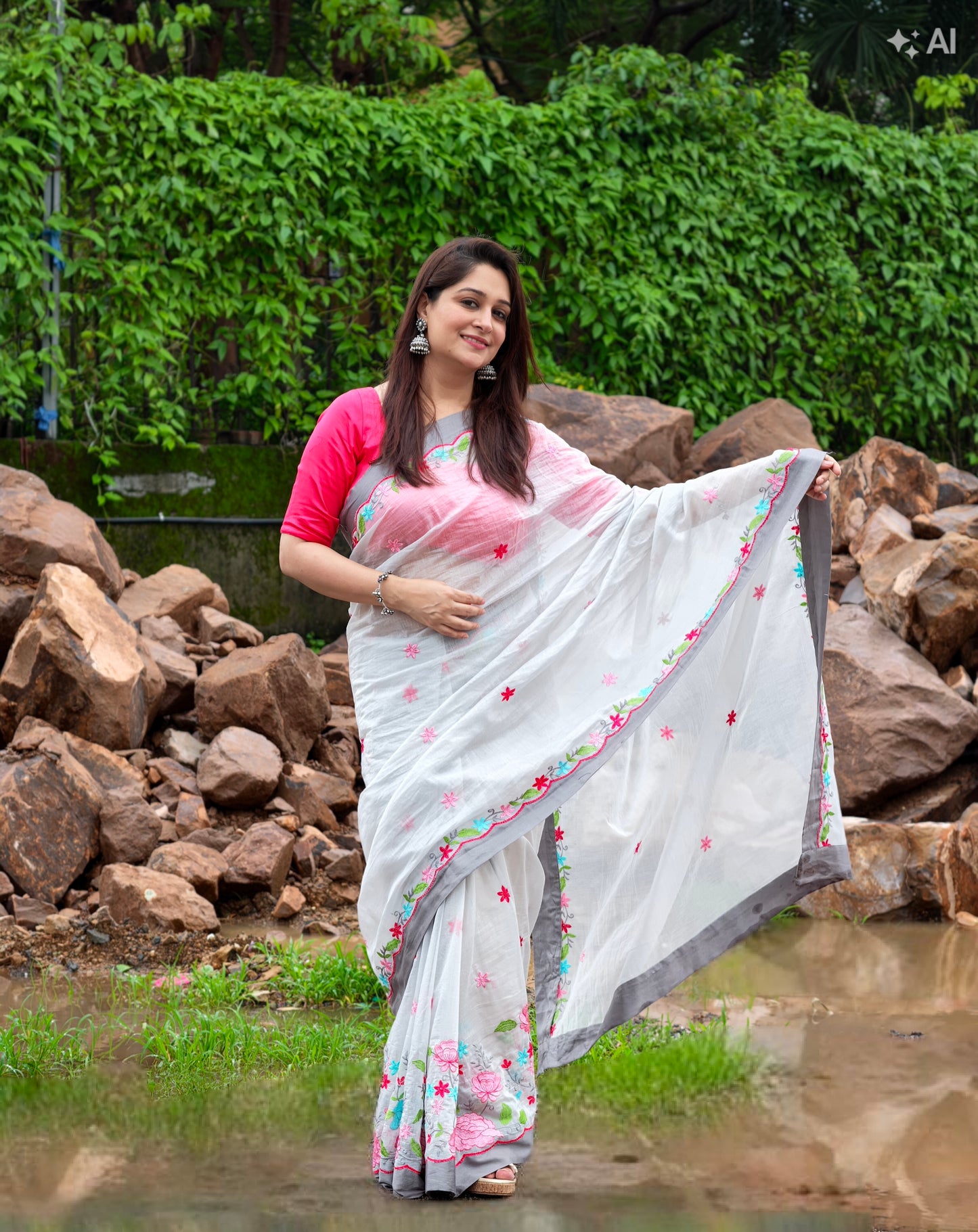 Blush Blossom Saree – Grey with blouse piece