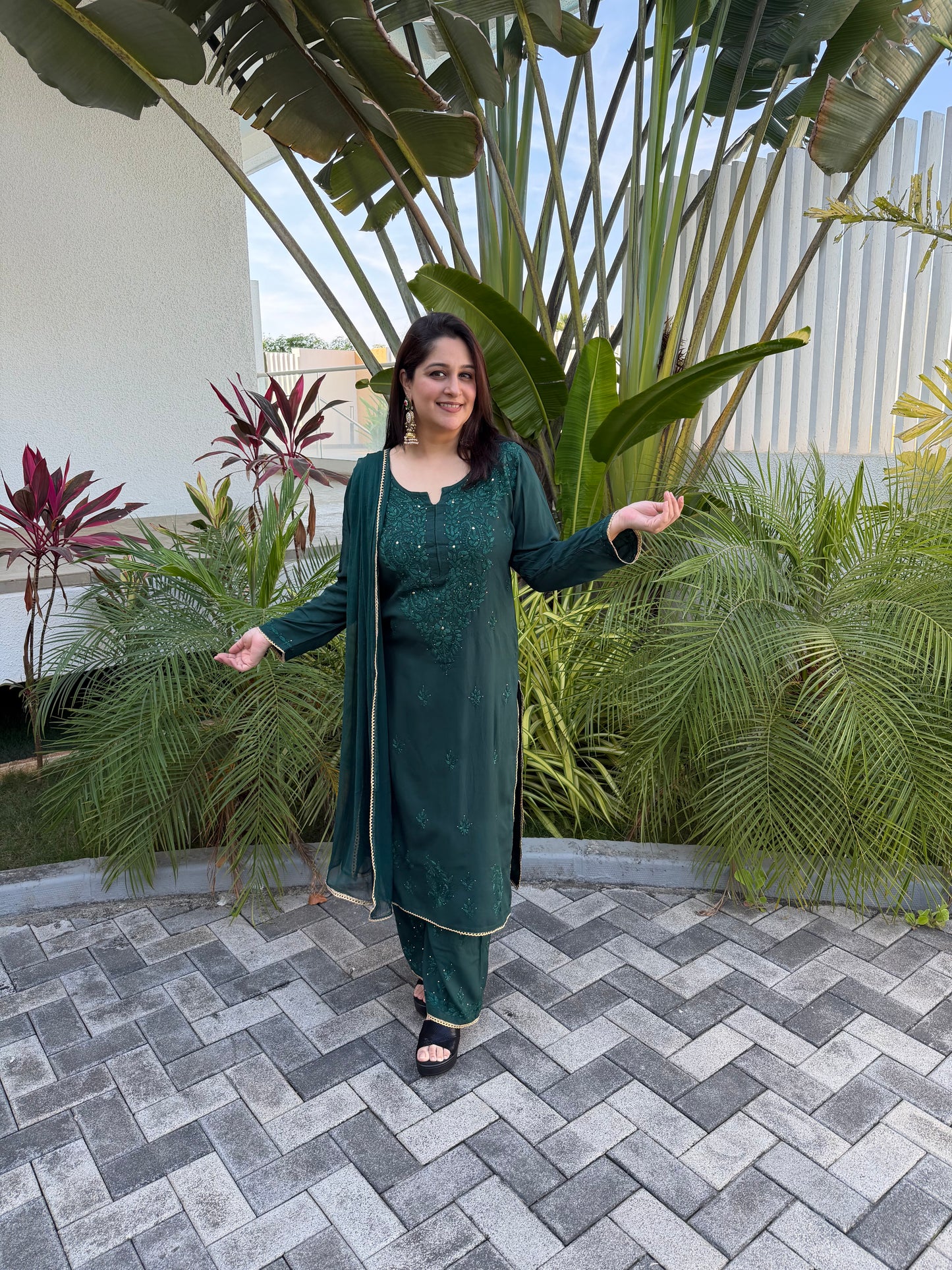 Green Lucknowi Kurta Set with Mukaish Work