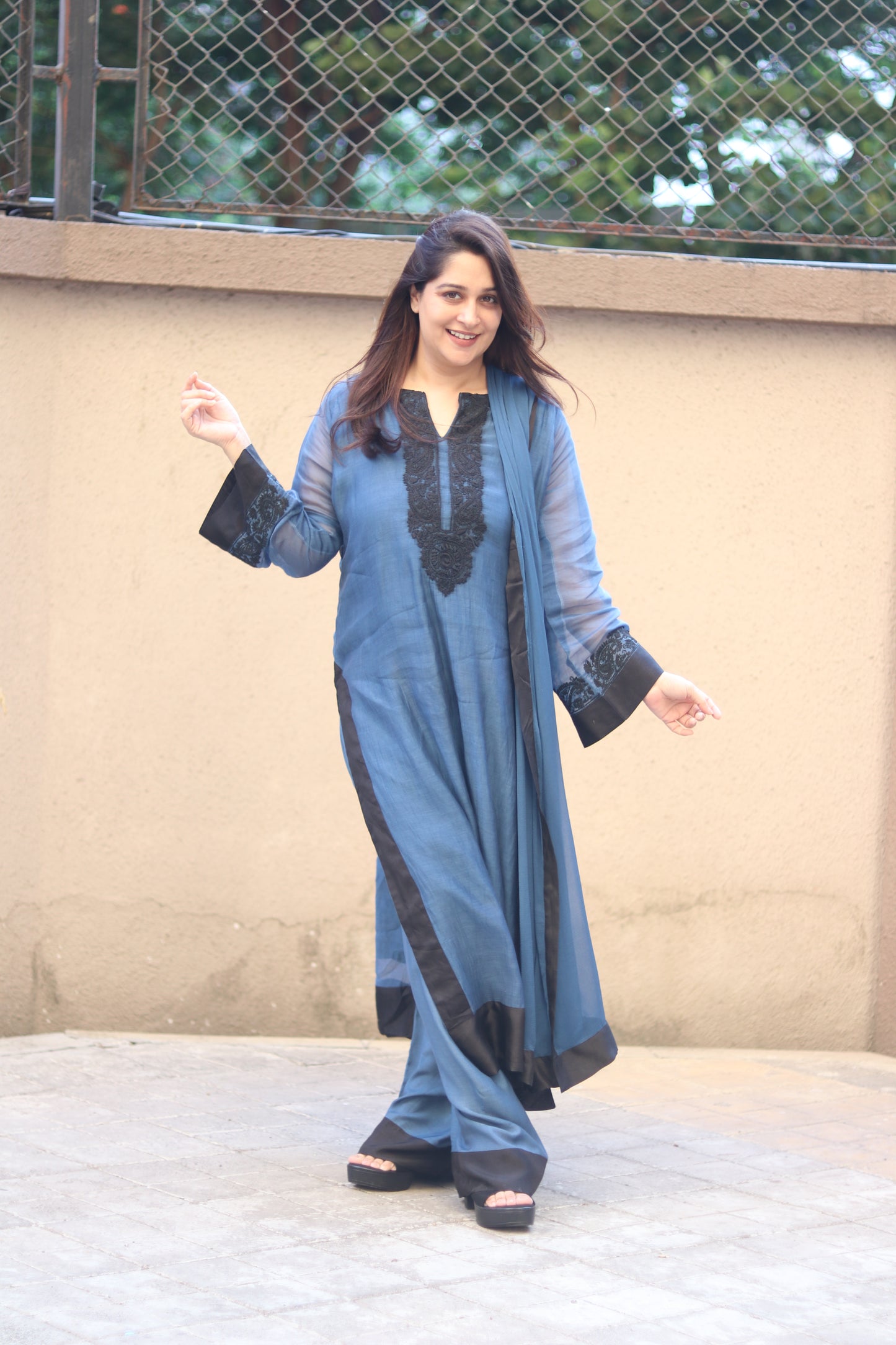 Kantha Elegance Long Kurta Set - Dark Blue