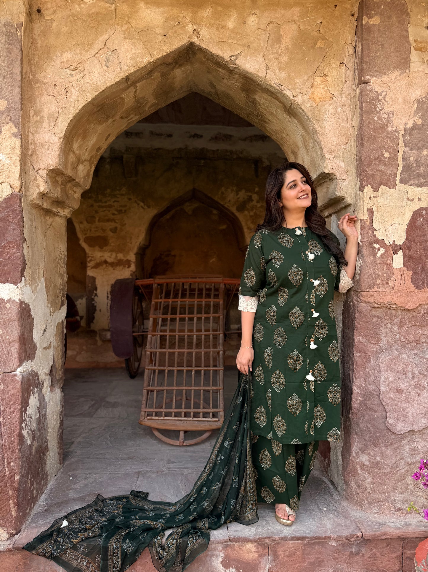 Ajrakh-Print Kurta Set Deep Green