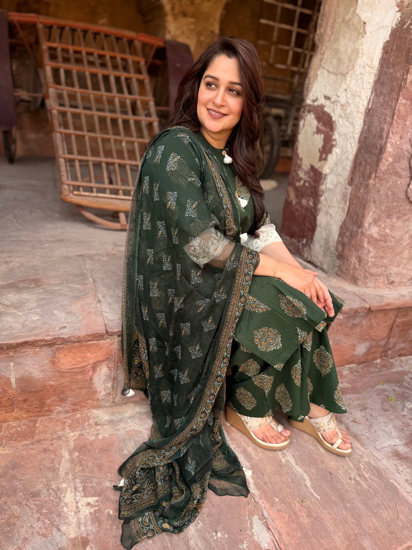 Ajrakh-Print Kurta Set Deep Green