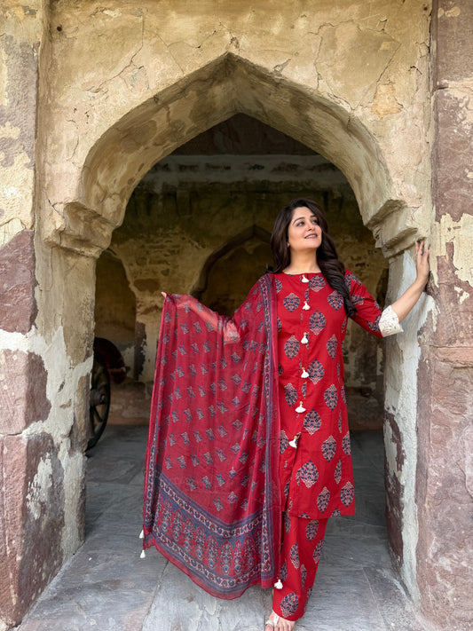 Ajrakh-Print Kurta Set Maroon Red