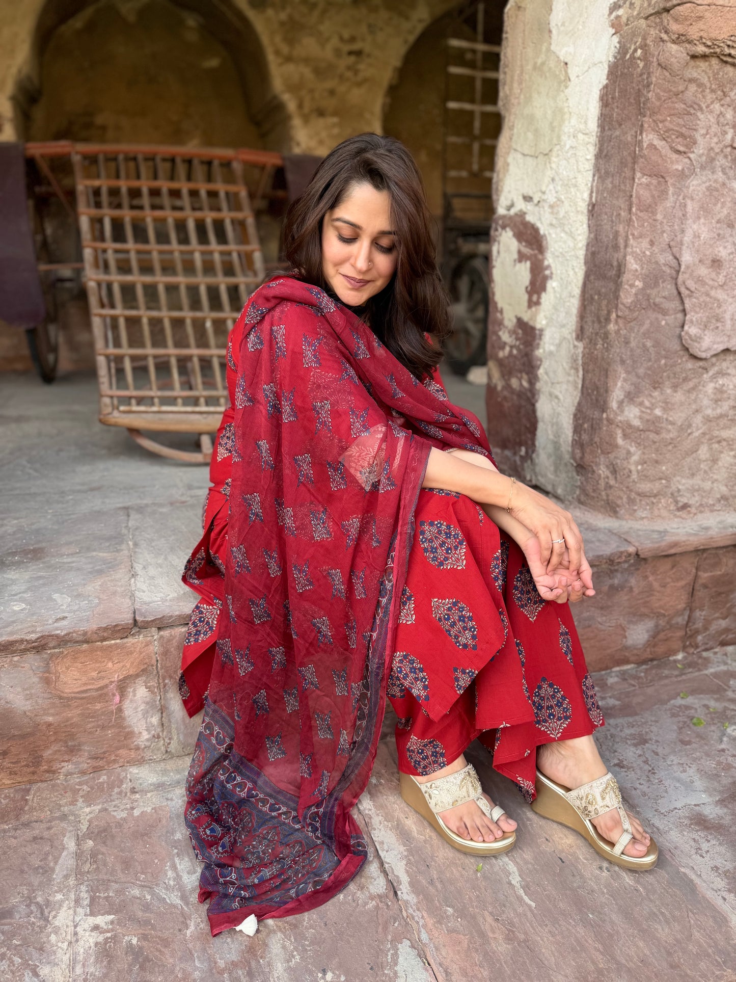 Ajrakh-Print Kurta Set Maroon Red