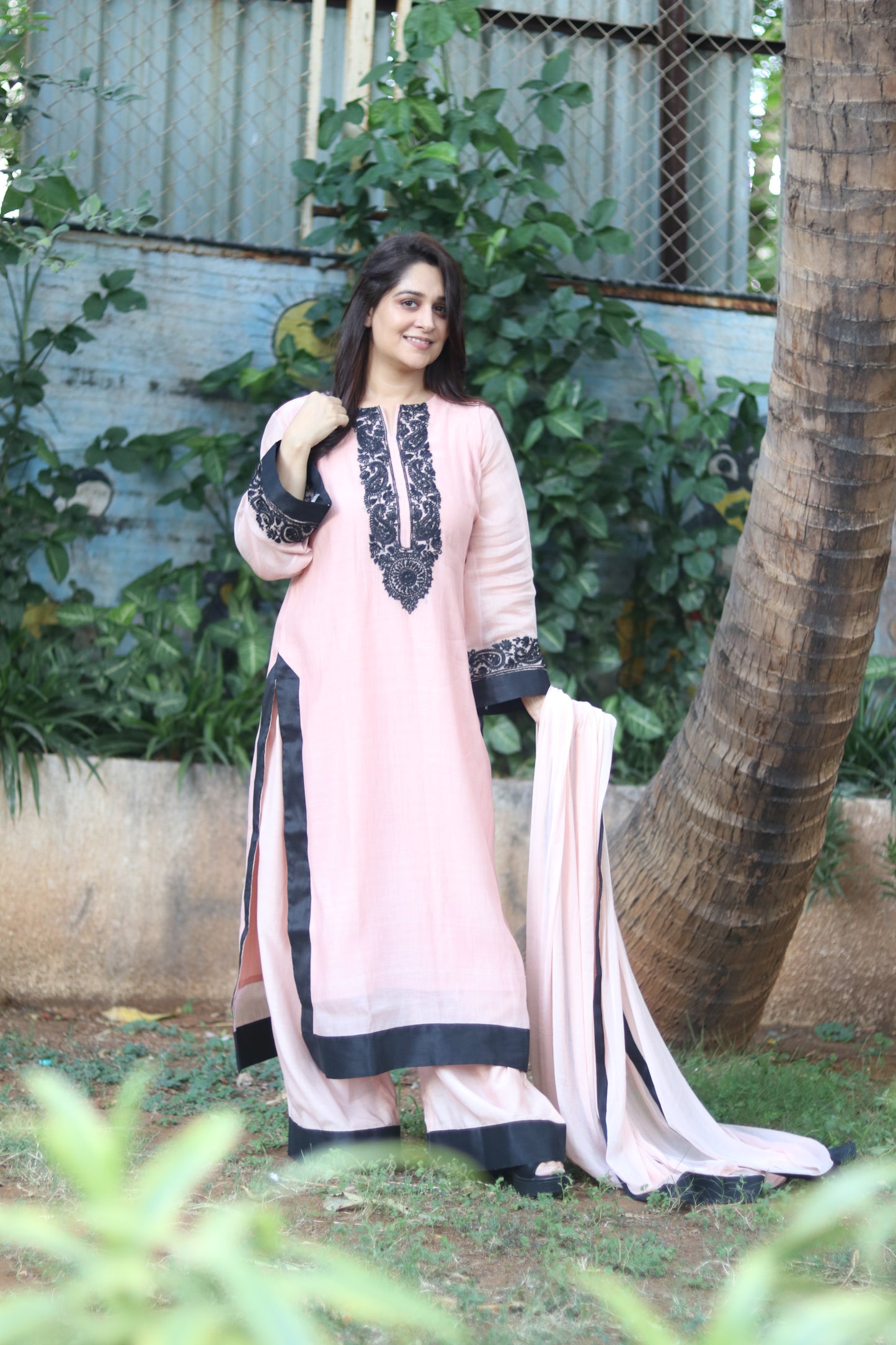 Kantha Elegance Long Kurta Set - Light Peach