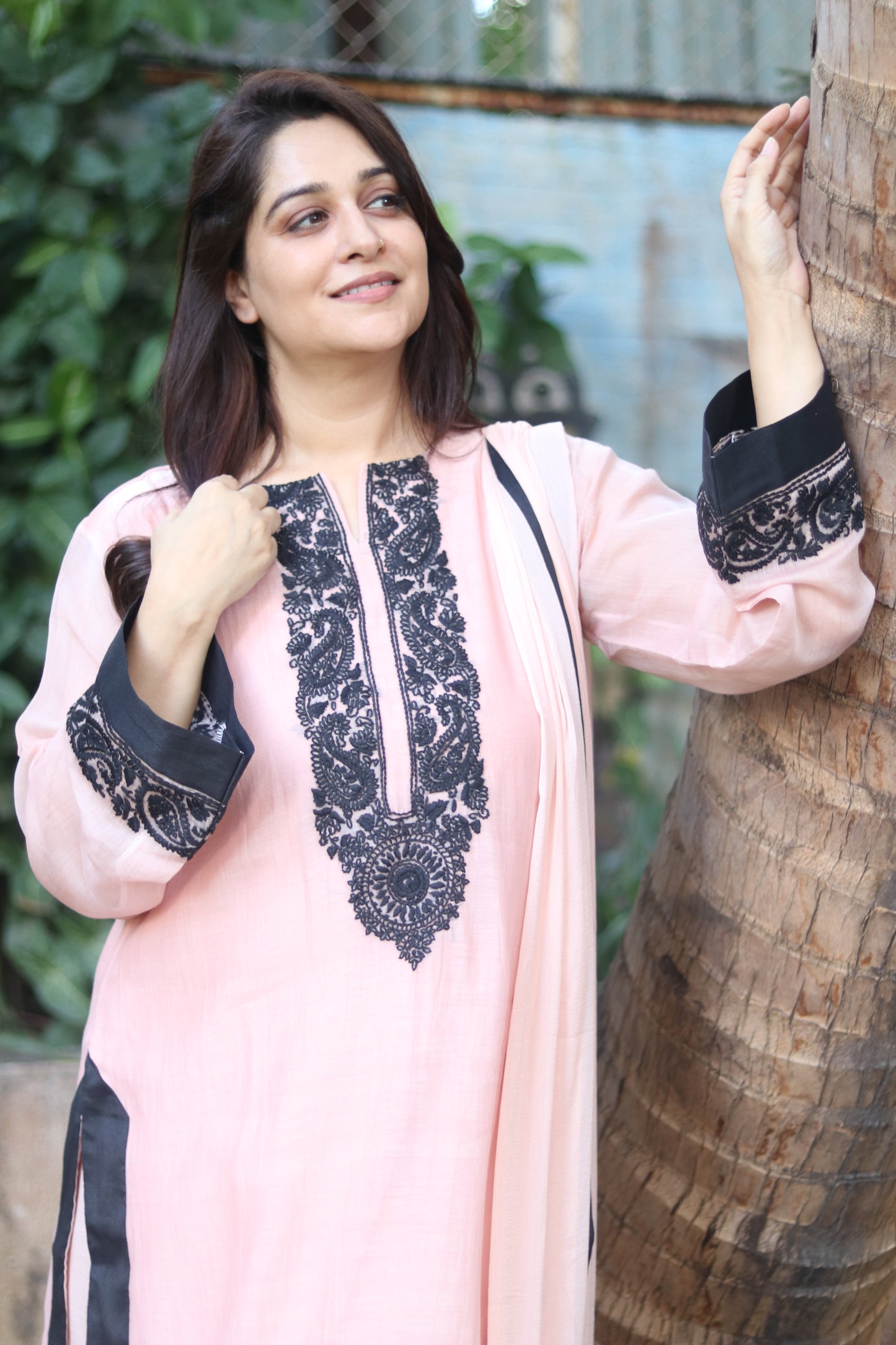 Kantha Elegance Long Kurta Set - Light Peach