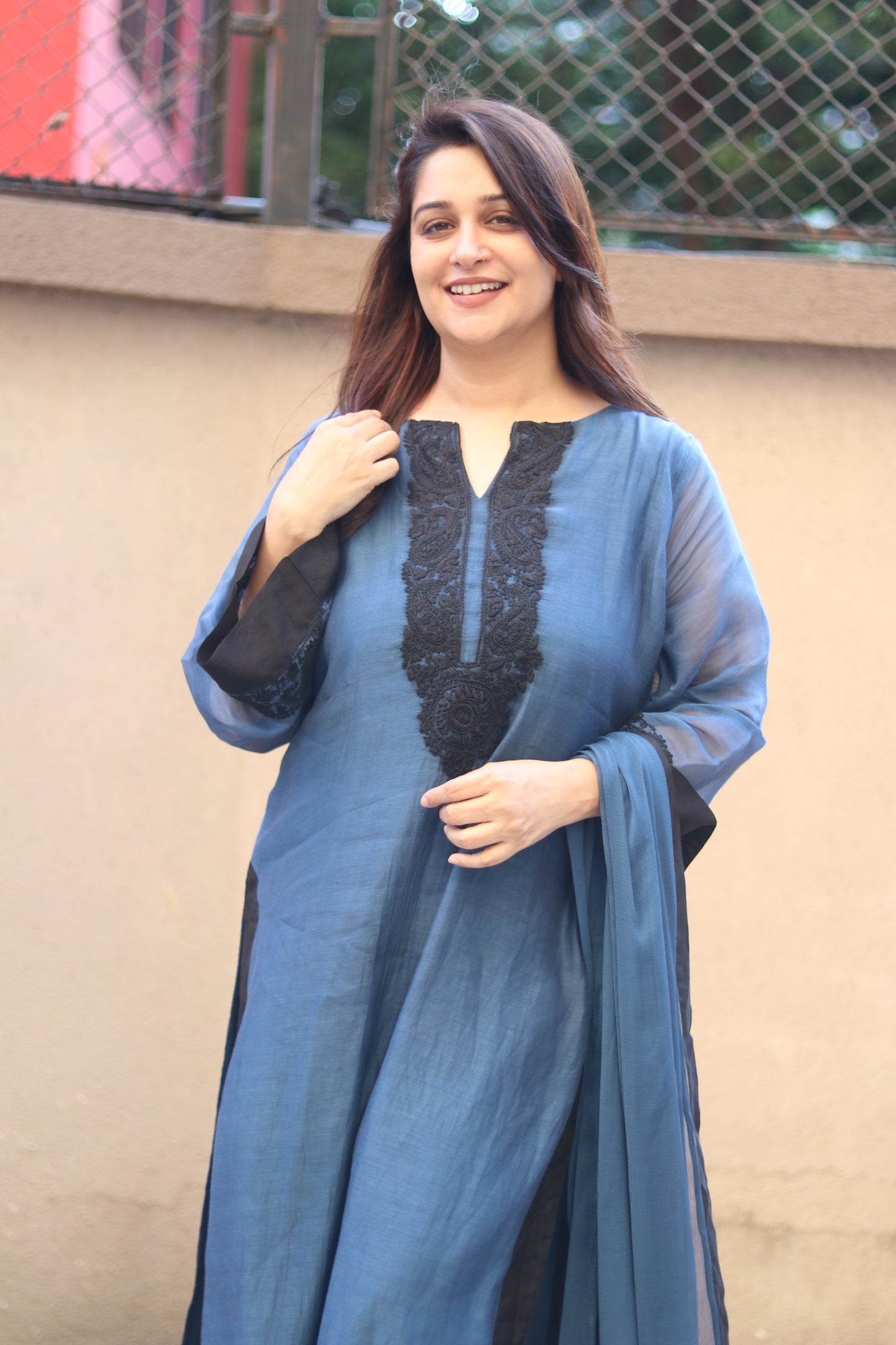 Kantha Elegance Long Kurta Set - Dark Blue