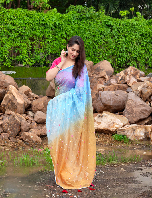 Gulrang Breeze Saree - Blue Brown with blouse piece