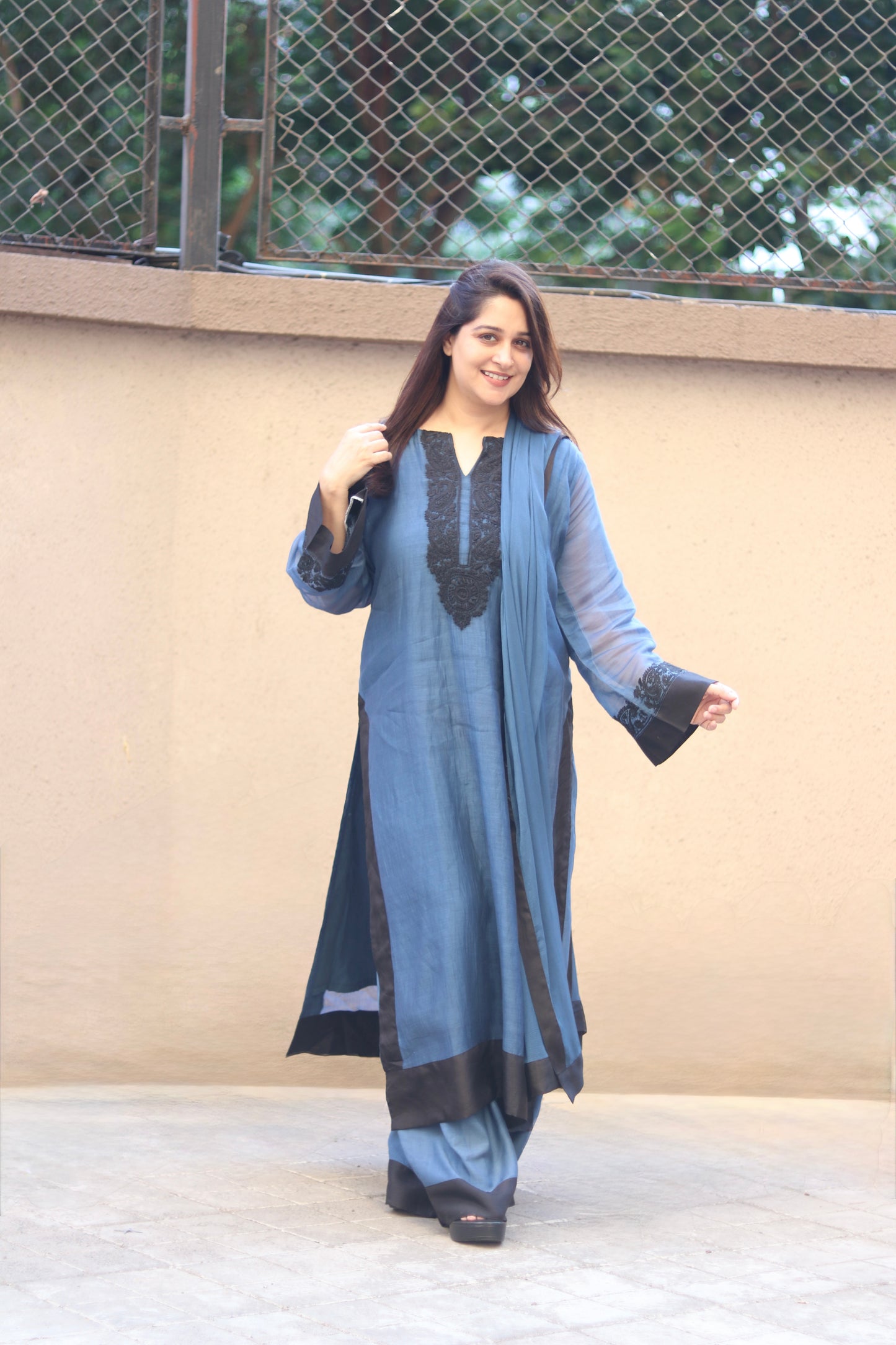 Kantha Elegance Long Kurta Set - Dark Blue