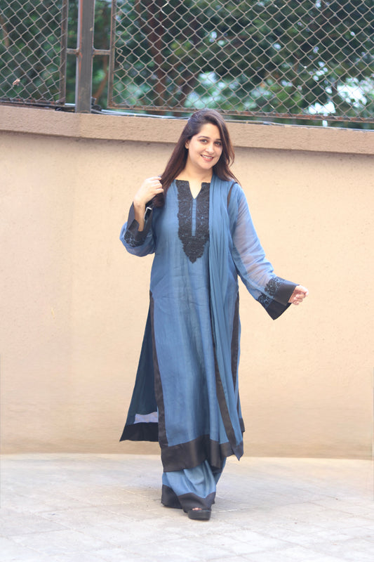 Kantha Elegance Long Kurta Set - Dark Blue