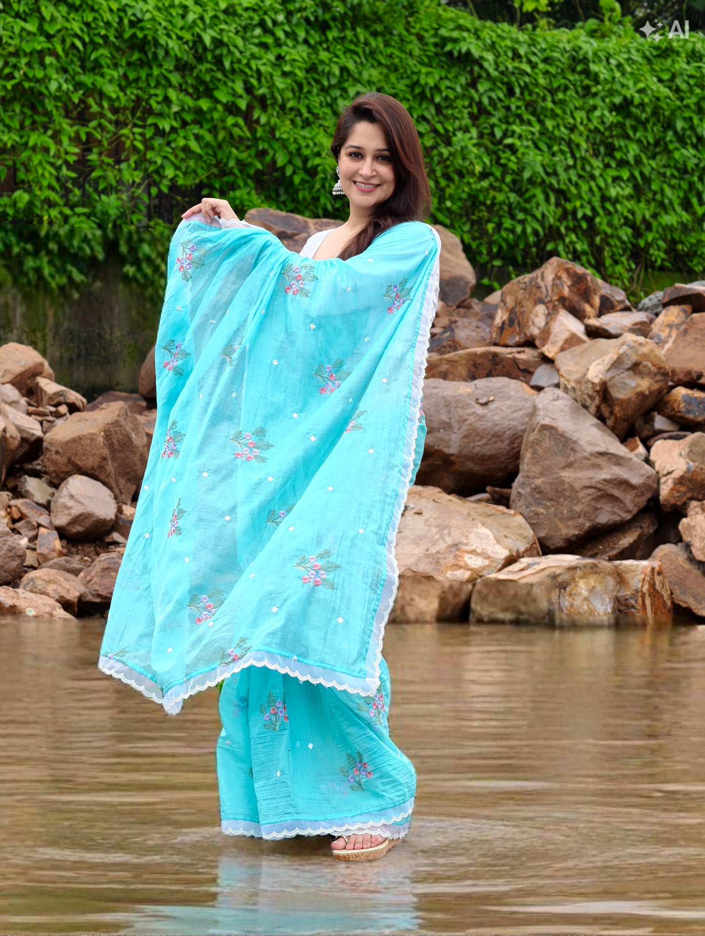 Aqua Blossom Saree with blouse piece
