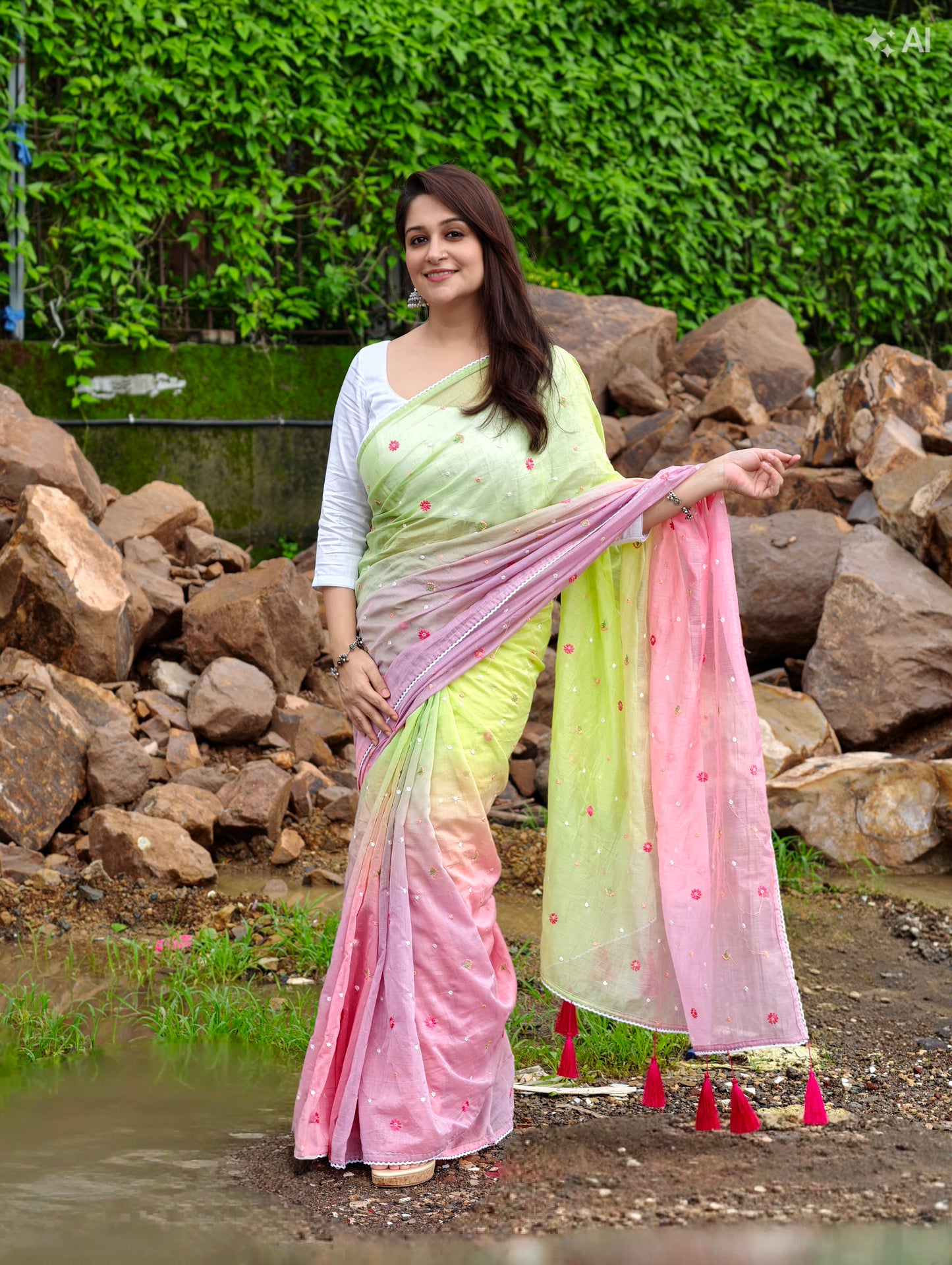 Gulrang Breeze Saree - Pink & Green with blouse piece