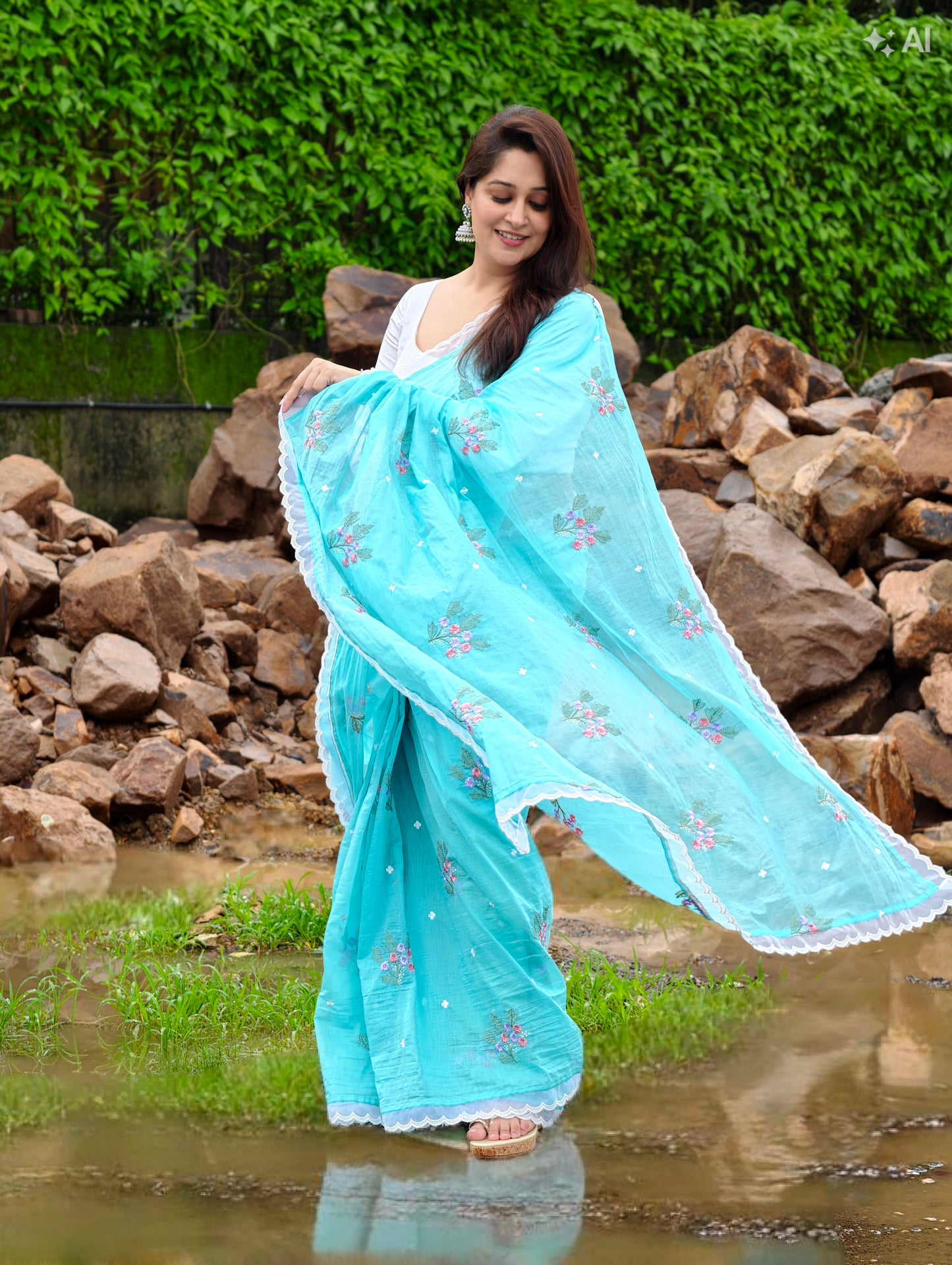 Aqua Blossom Saree with blouse piece