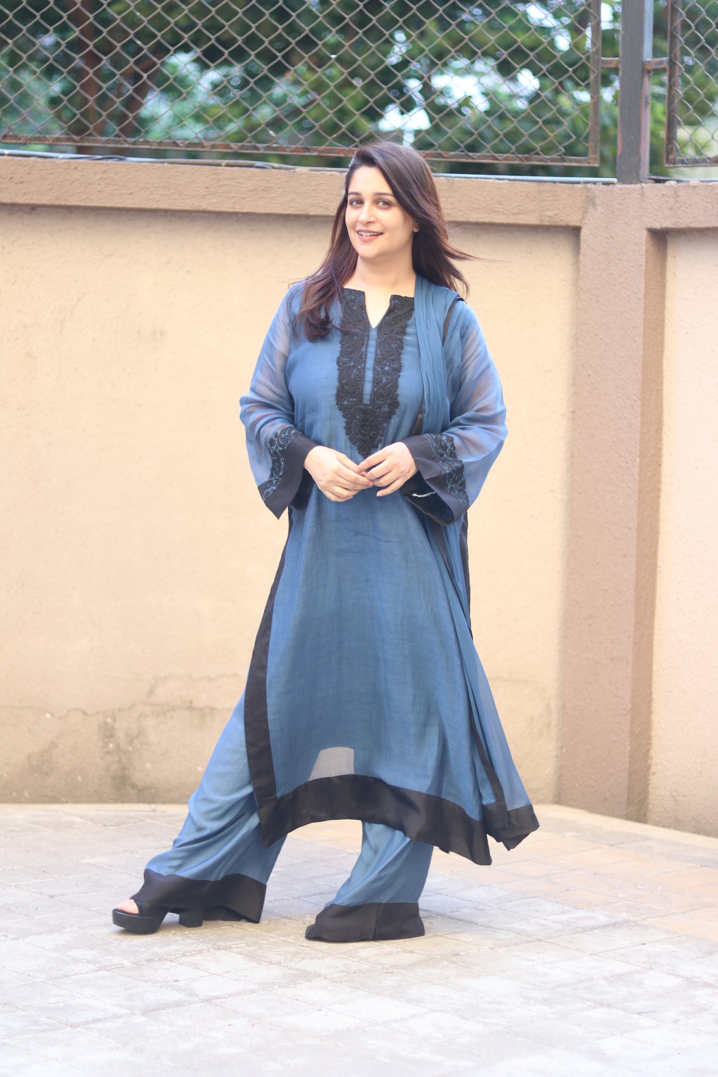 Kantha Elegance Long Kurta Set - Dark Blue