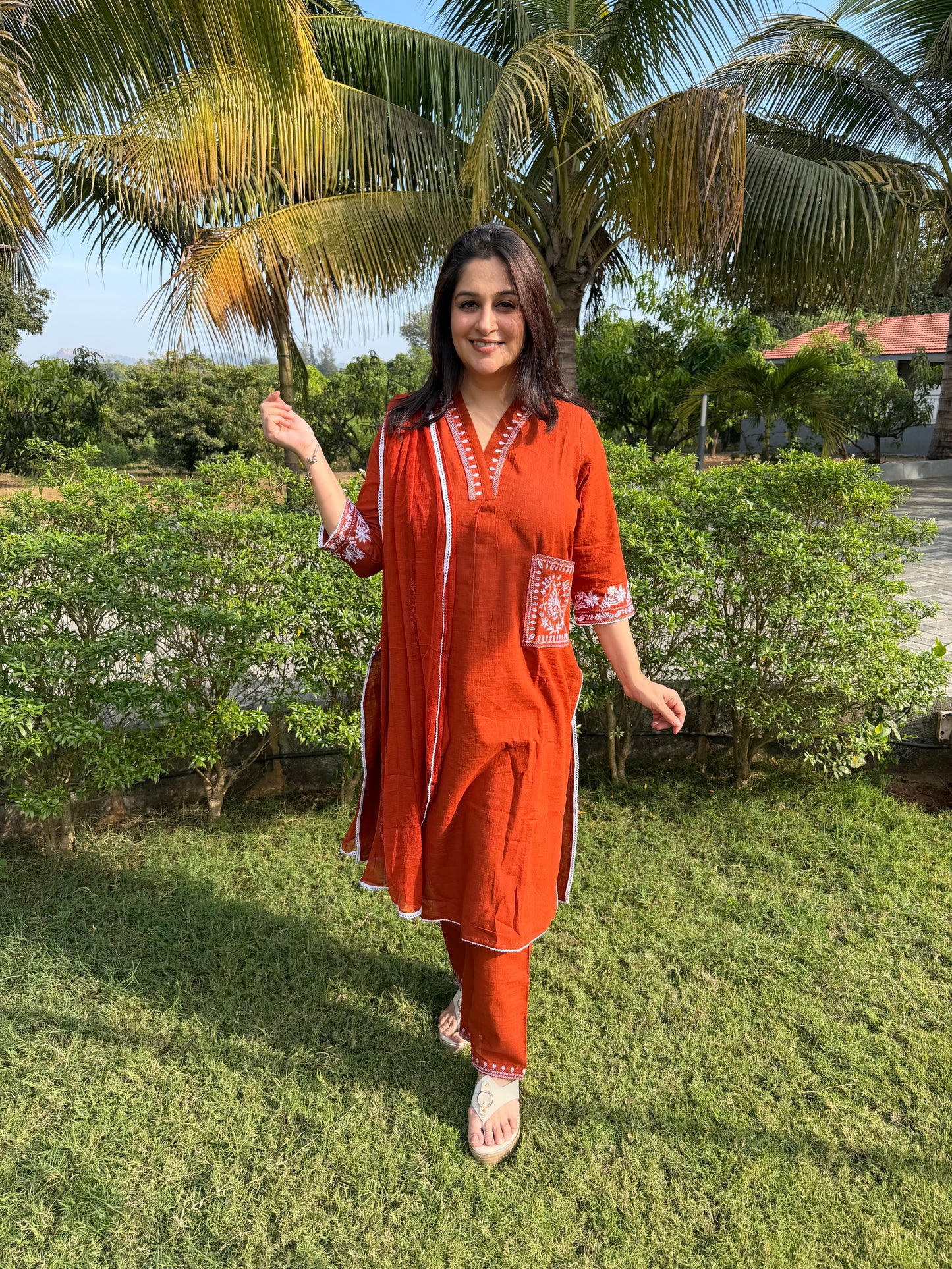 Neyra Classic Kurta Set Rust Orange