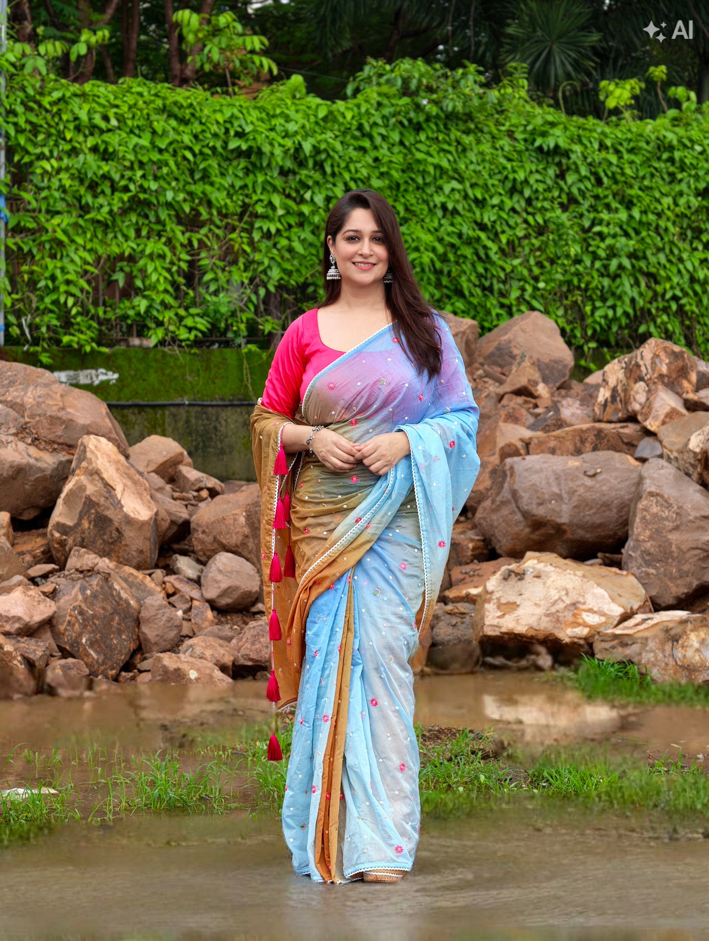 Gulrang Breeze Saree - Blue Brown with blouse piece
