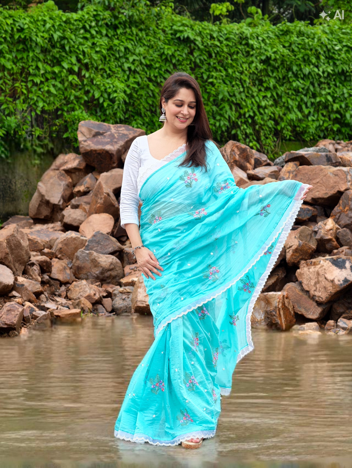 Aqua Blossom Saree with blouse piece