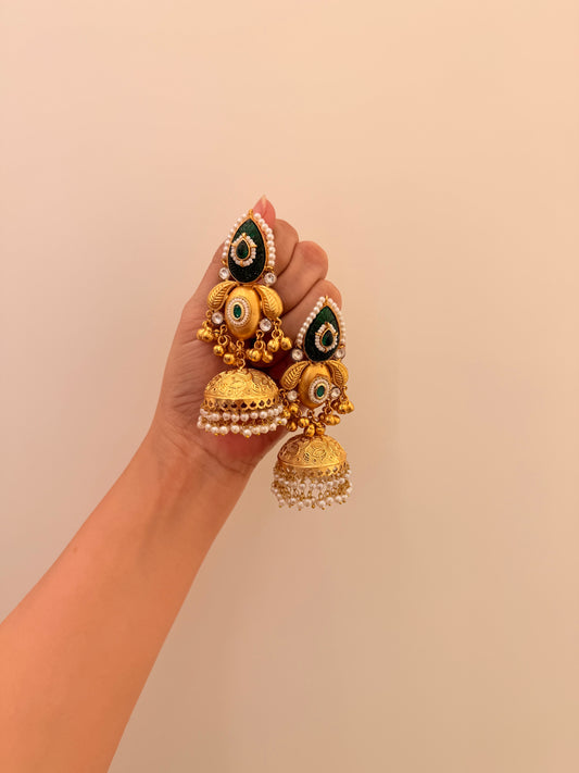 Karigari Jhumka Green Stone