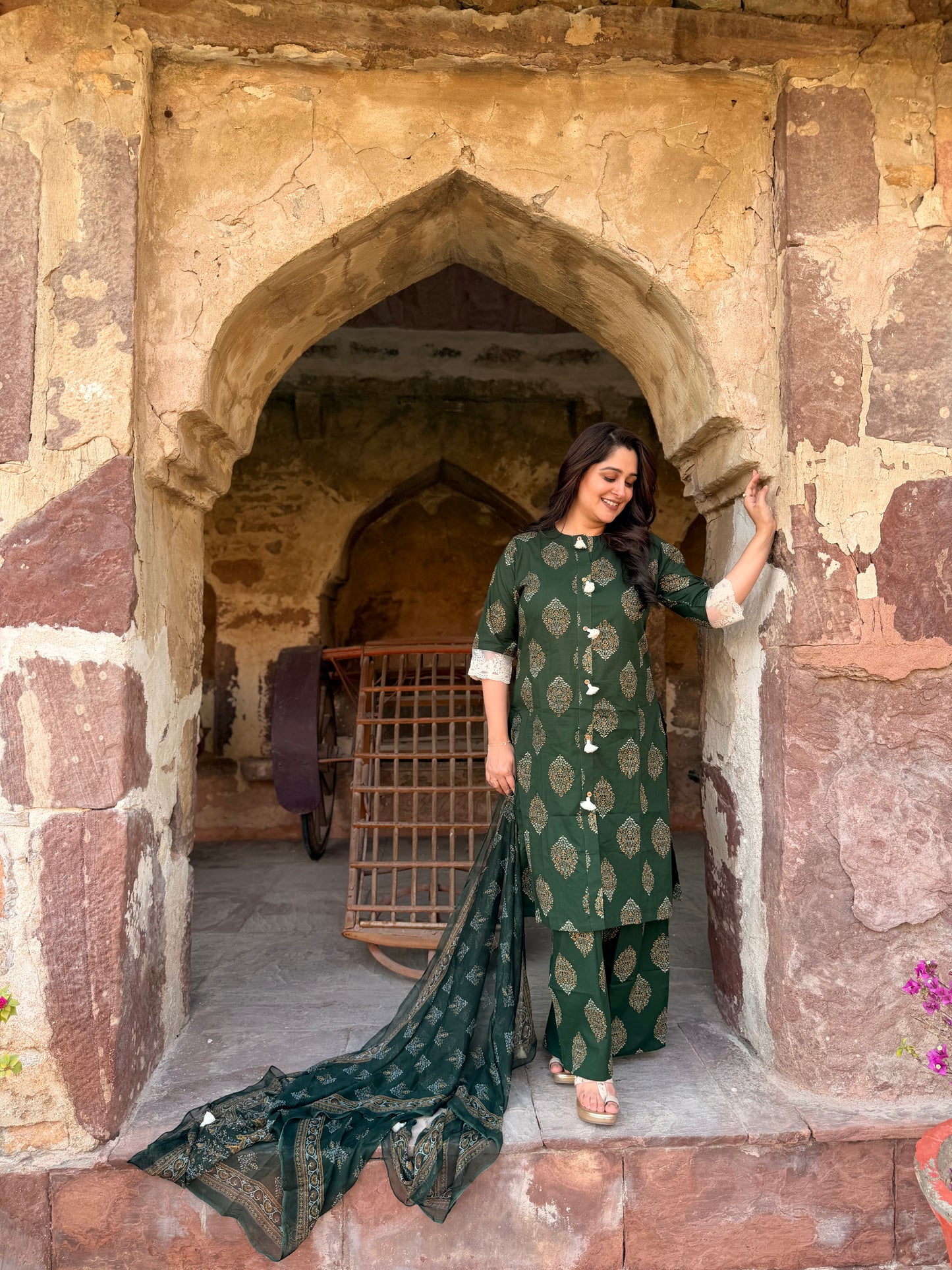 Ajrakh-Print Kurta Set Deep Green