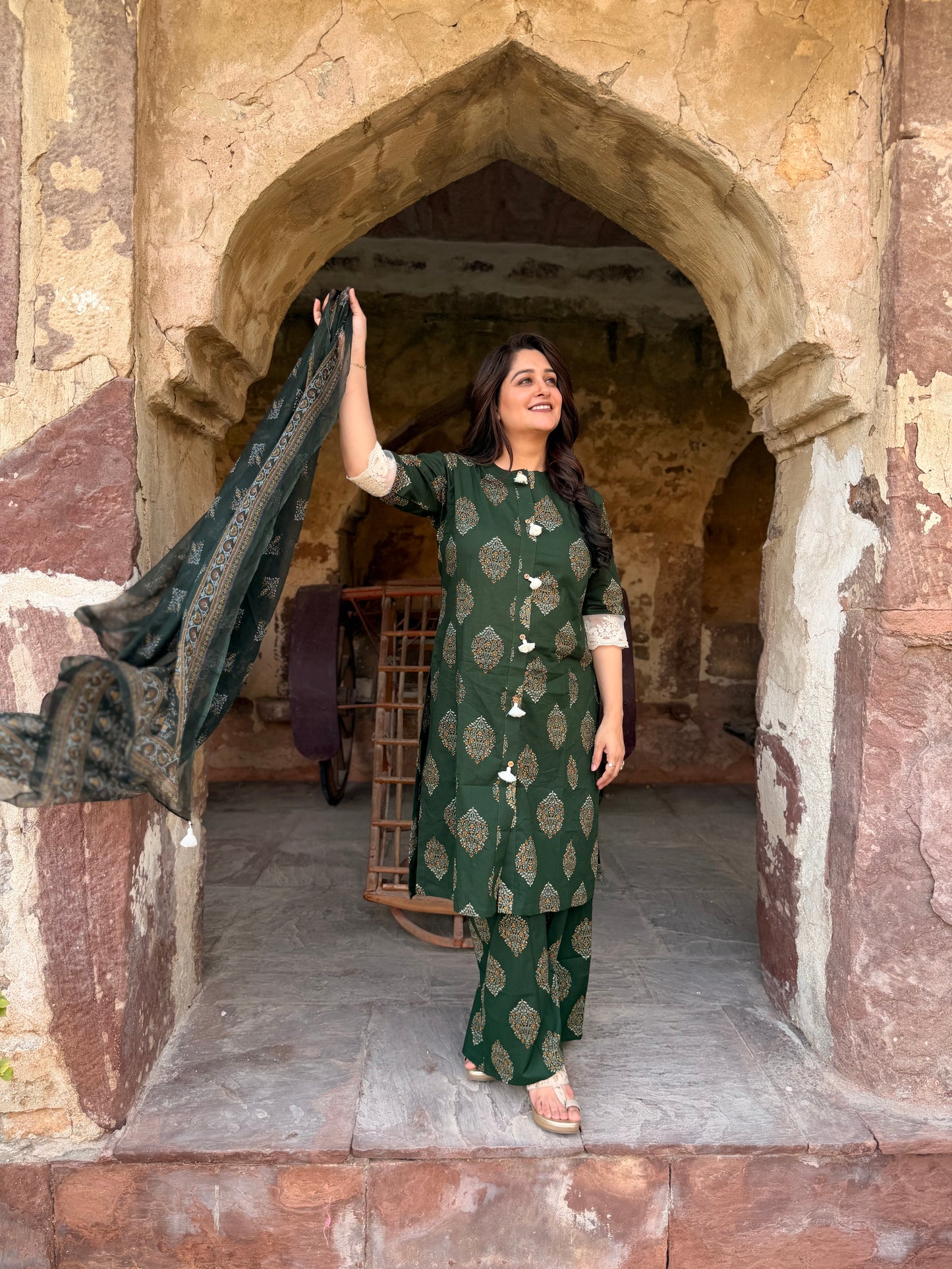 Ajrakh-Print Kurta Set Deep Green