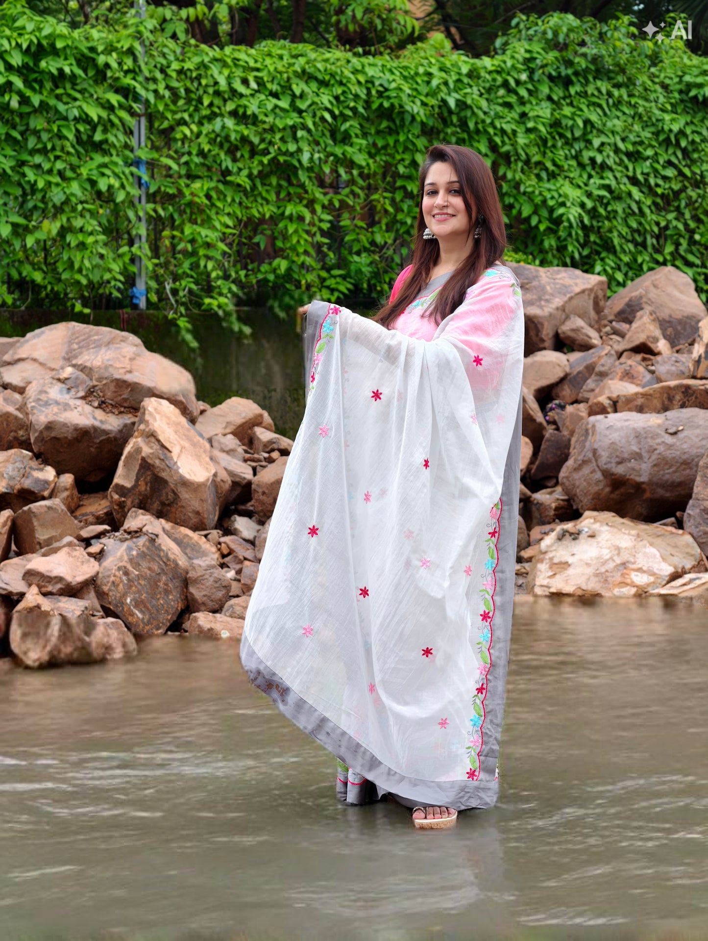Blush Blossom Saree – Grey with blouse piece