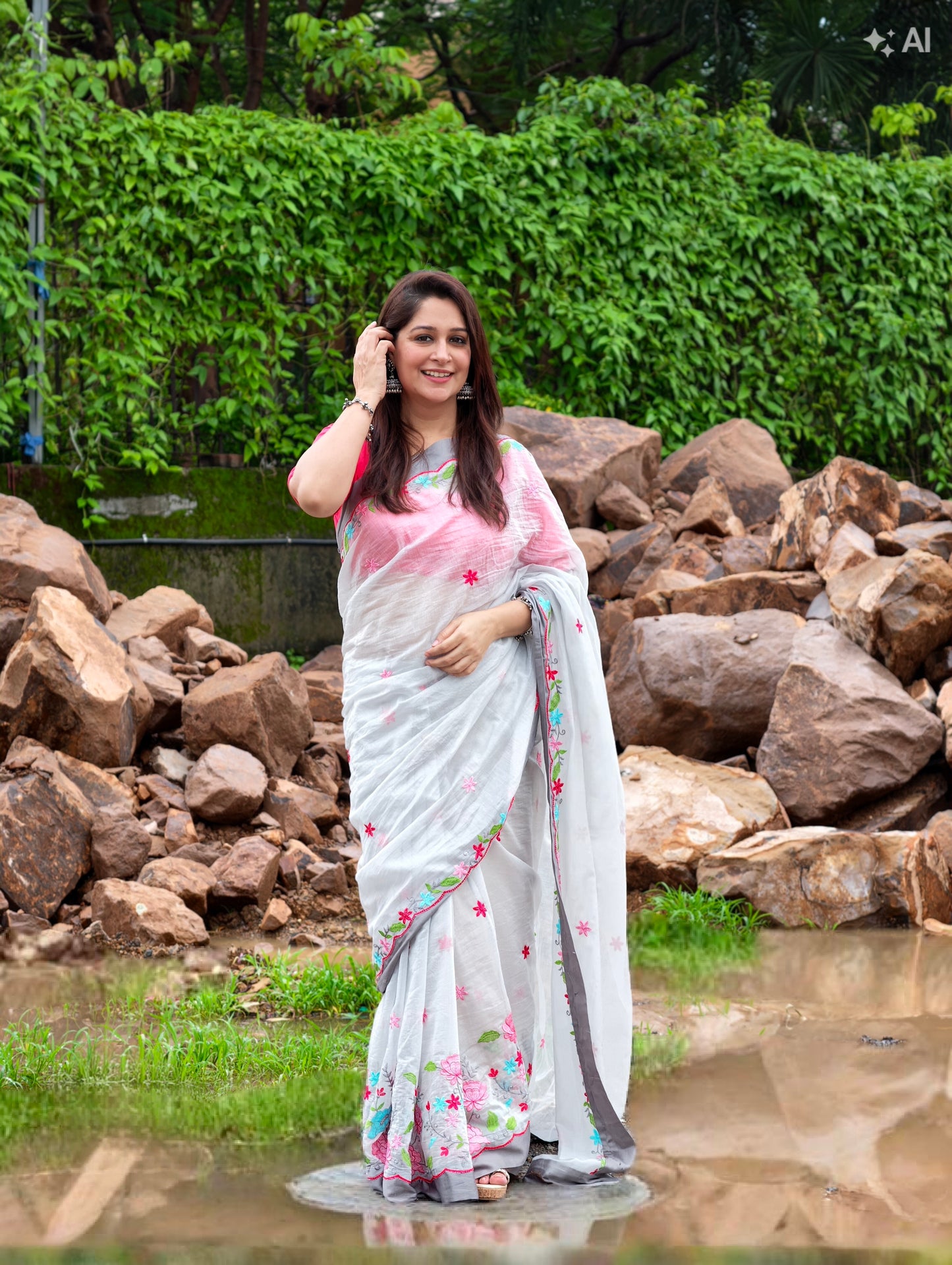 Blush Blossom Saree – Grey with blouse piece