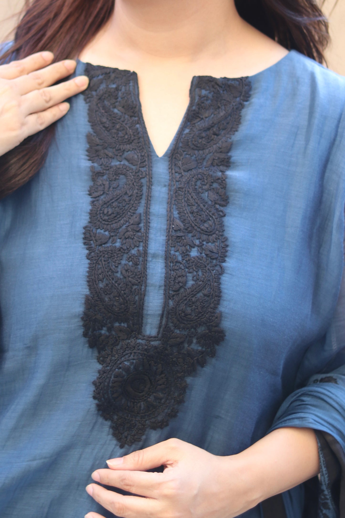 Kantha Elegance Long Kurta Set - Dark Blue