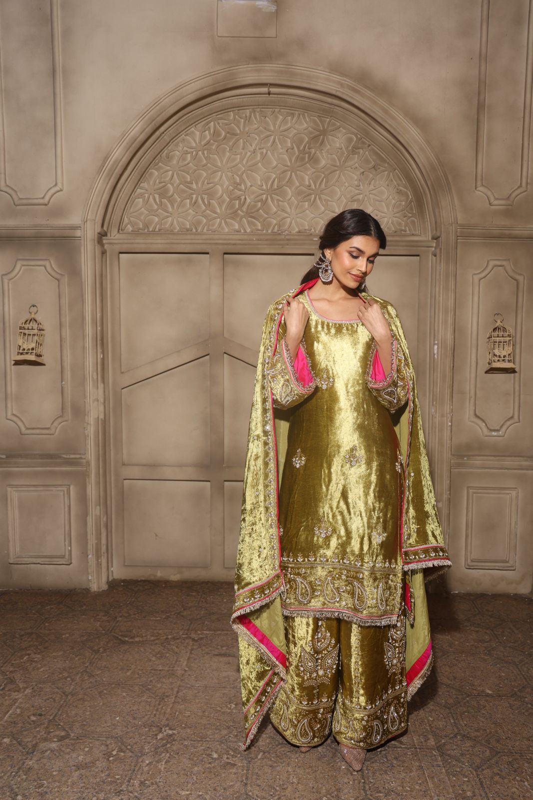 The Heritage Velvet Set Olive Green with Hot Pink